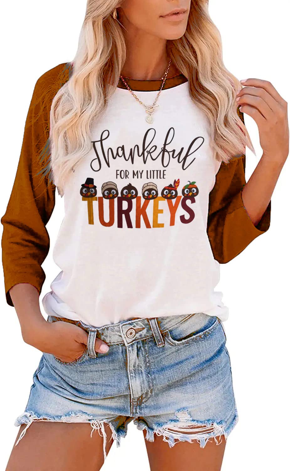 Thankful for My Little Turkeys Shirt Women Thanksgiving Tshirt Cute Graphic Raglan 3/4 Sleeve Baseball Tee Tops