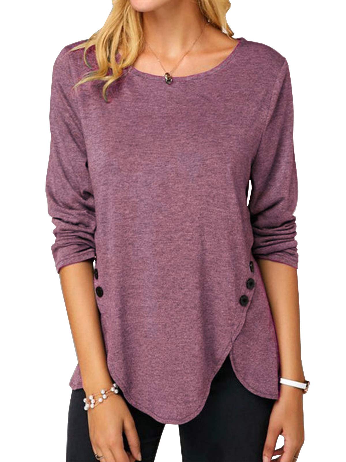 Womens Casual Long Sleeve Tunic Shirts Round Neck Button Side Blouses Tops