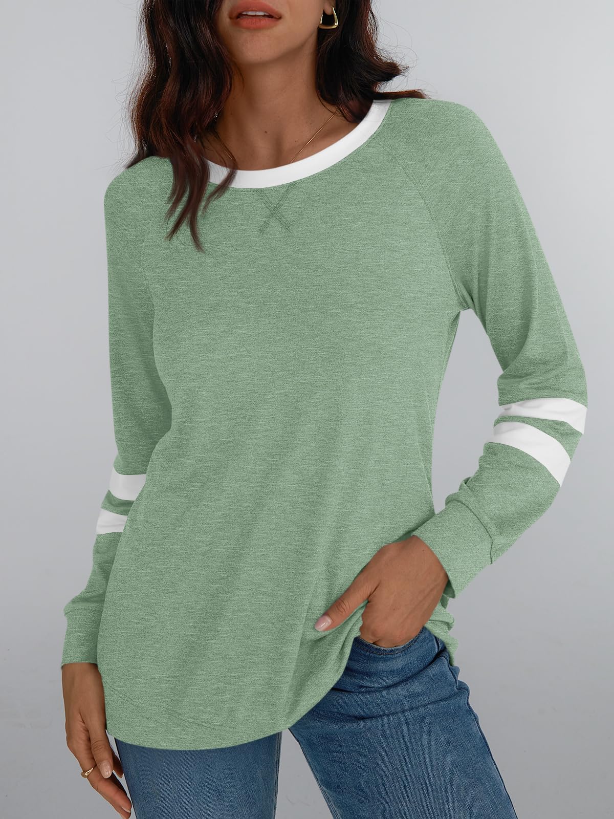 Womens Long Sleeve Shirts Color Block Casual Crewneck Tops Tshirt
