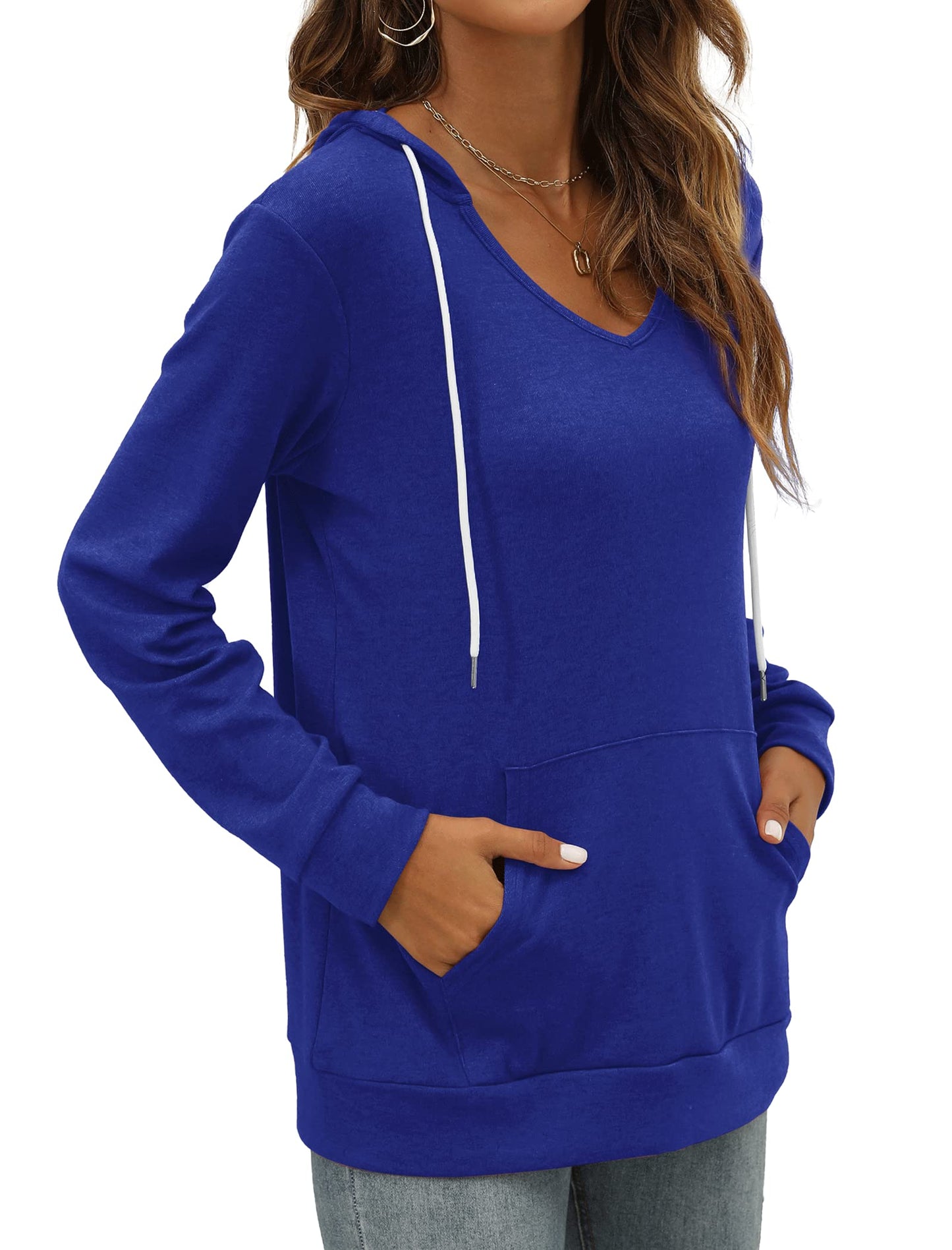 Pocket Hoodies for Womens V Neck Lightweight Sweatshirts Long Sleeve Tops