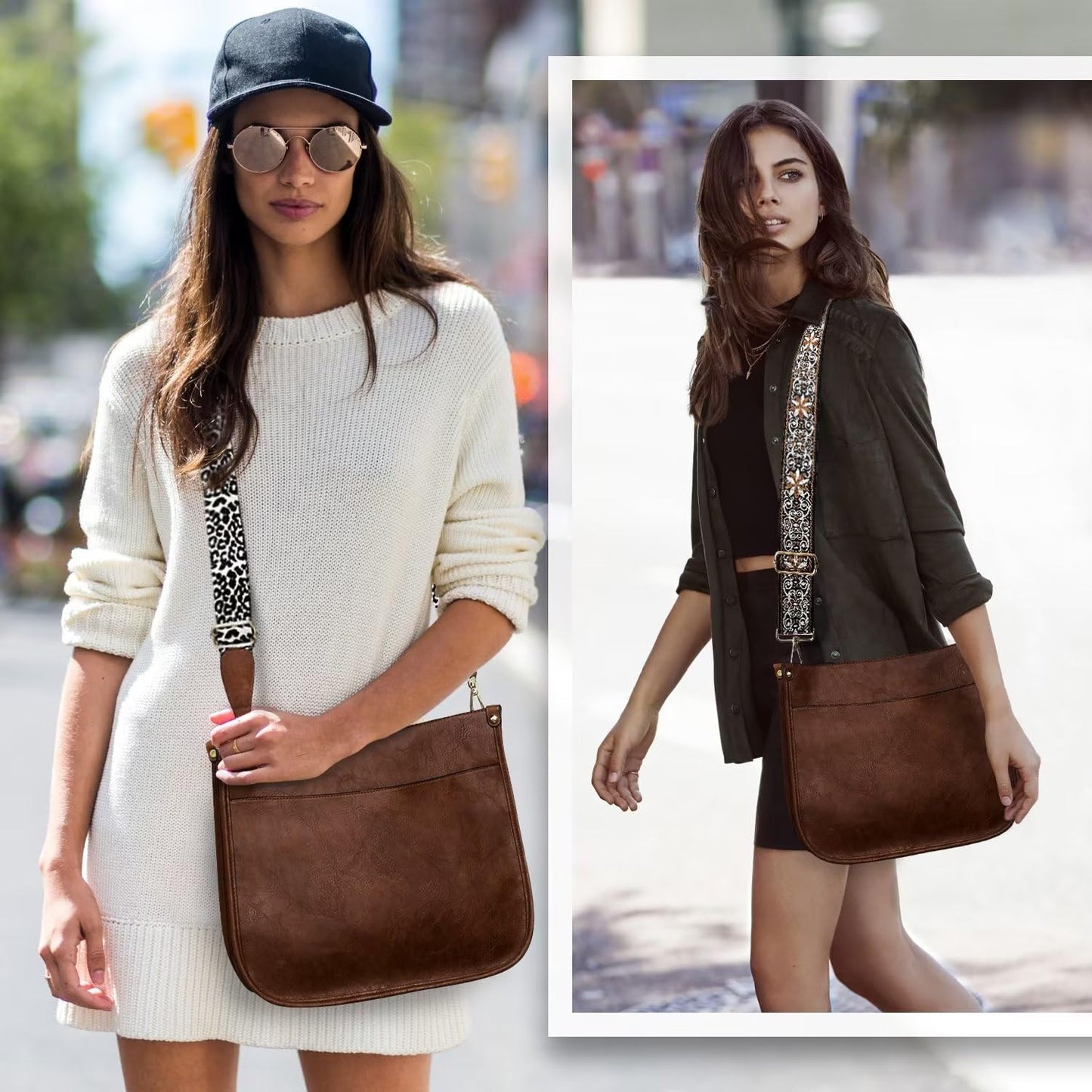 Vegan Leather Crossbody Bags for Women, Crossbody Purse with Guitar Strap Zipped Pockets Handbag