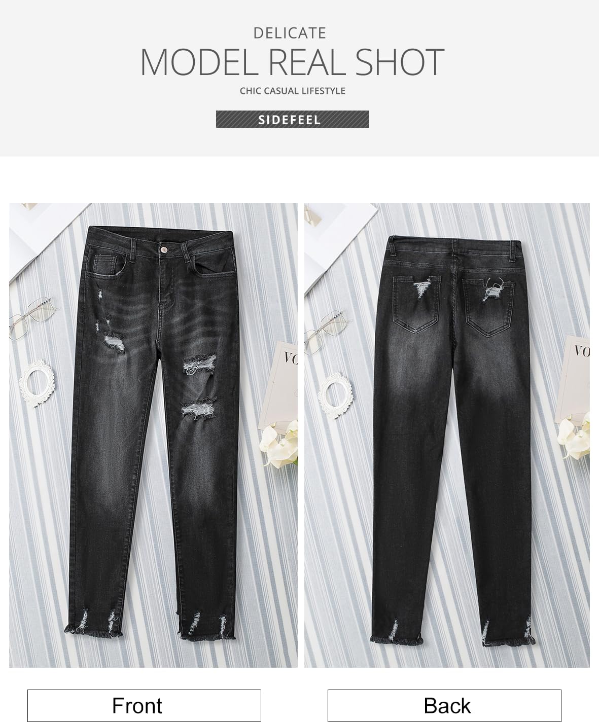 Women's Ripped Jeans Straight Leg Distressed Boyfriend Denim Pants