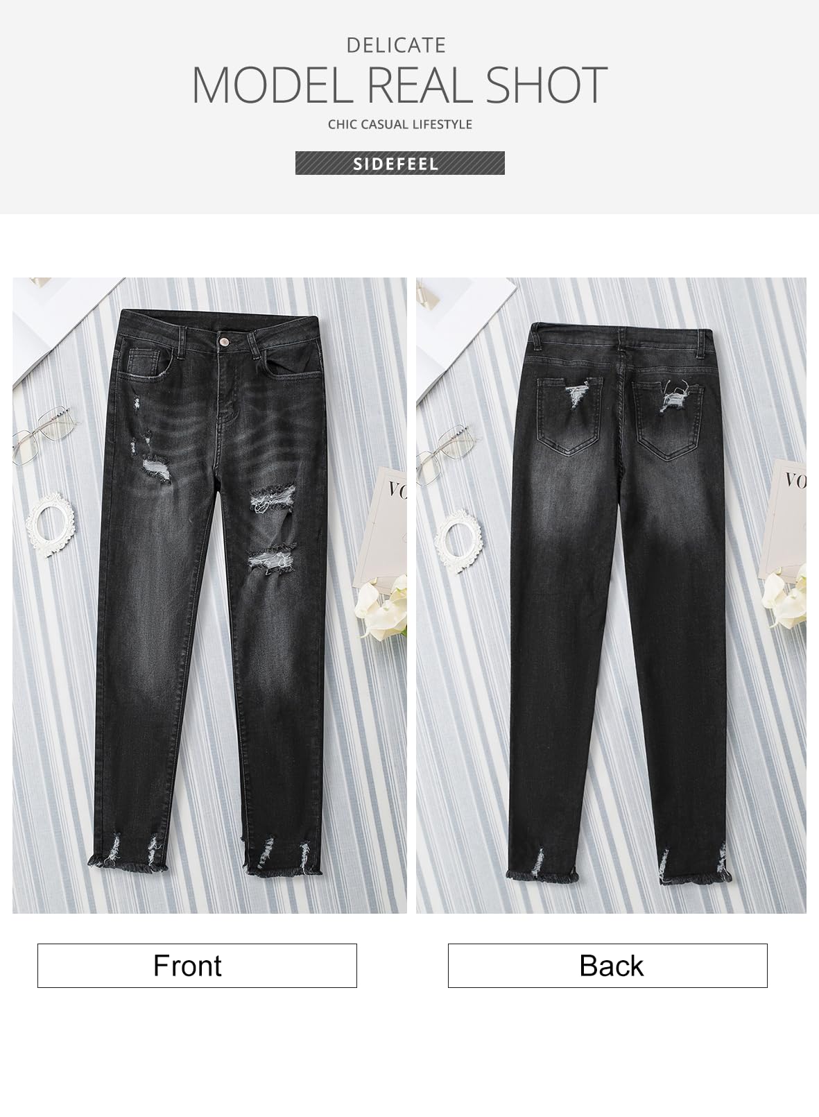 Women's Ripped Jeans Straight Leg Distressed Boyfriend Denim Pants