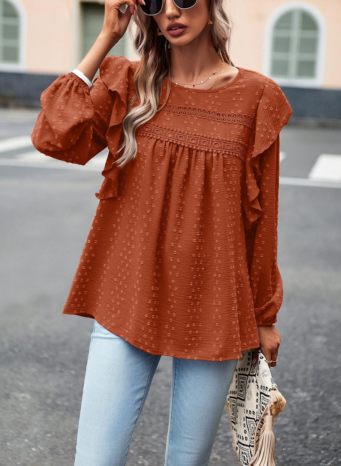 Women's Long Sleeve Blouses Ruffle Swiss Dot Crochet Loose Fit