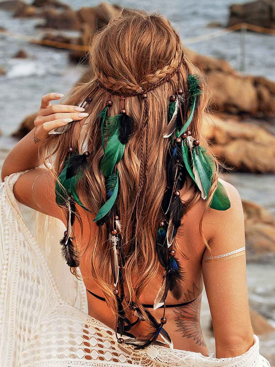 GORTIN Boho Feather Headband Gypsy Headpiece Headdress Bohemian Hippie Headbands Indian Festival Hair Band Adjust Long Feather Hair Accessories for Women and Girls (Black+Green)