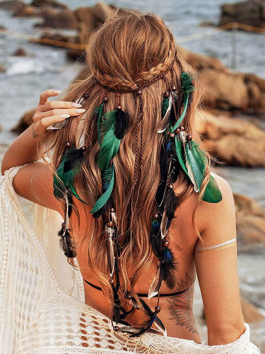 GORTIN Boho Feather Headband Gypsy Headpiece Headdress Bohemian Hippie Headbands Indian Festival Hair Band Adjust Long Feather Hair Accessories for Women and Girls (Black+Green)