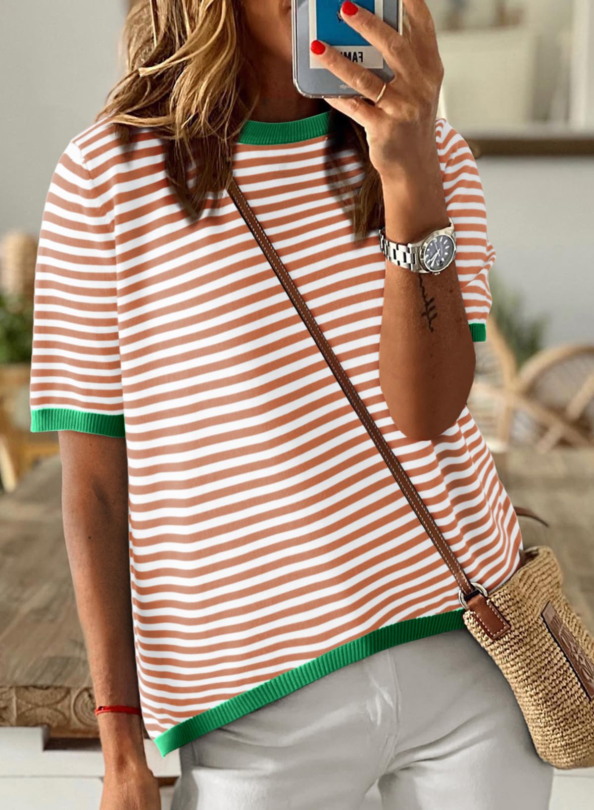 Womens Tops CasualCrewneck Short Sleeve Striped Color Block Knit Trendy Pullover Sweaters
