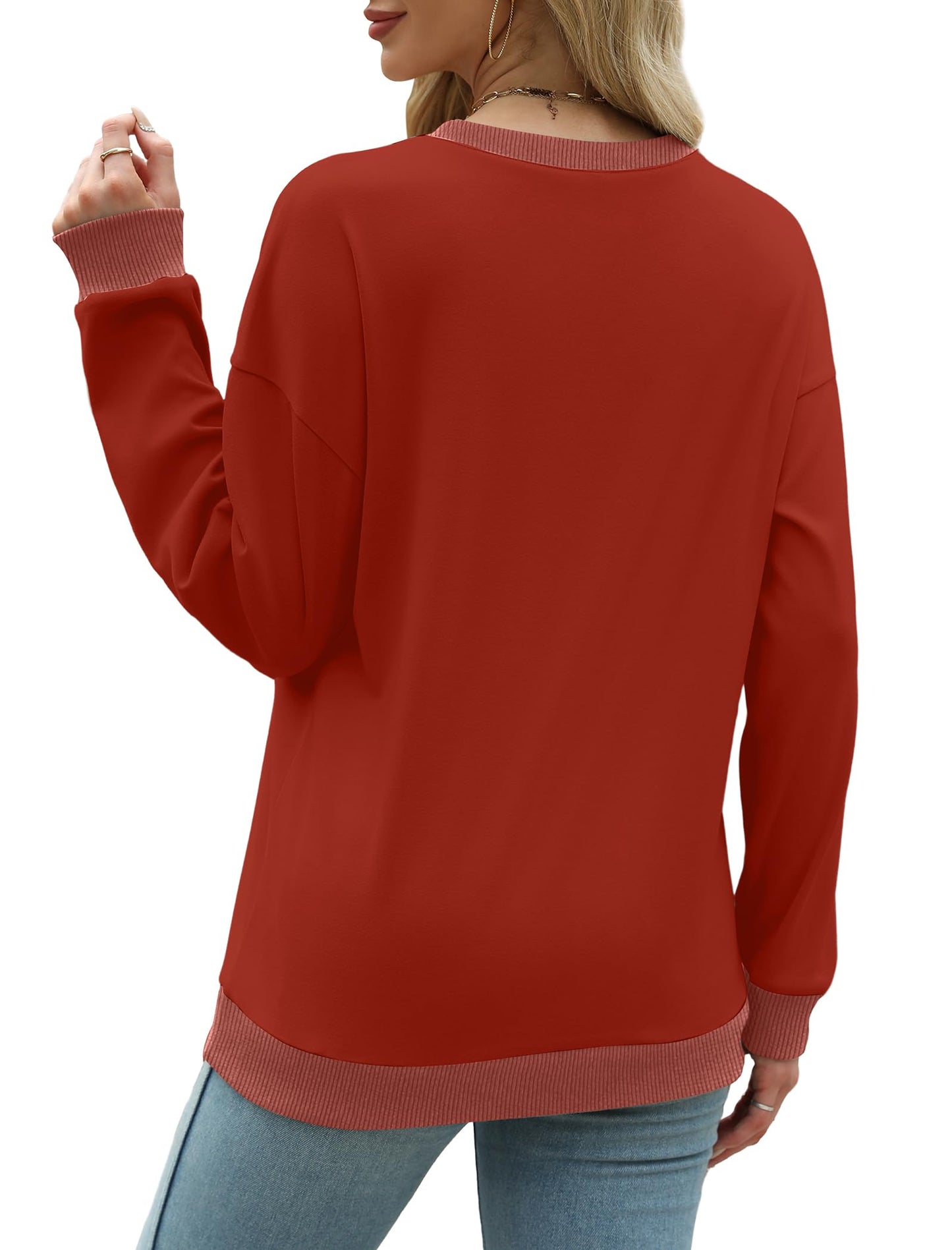 Sweatshirts for Women Crewneck Long Sleeve Loose Fit Tops Color Block Ribbed Trim Fashion