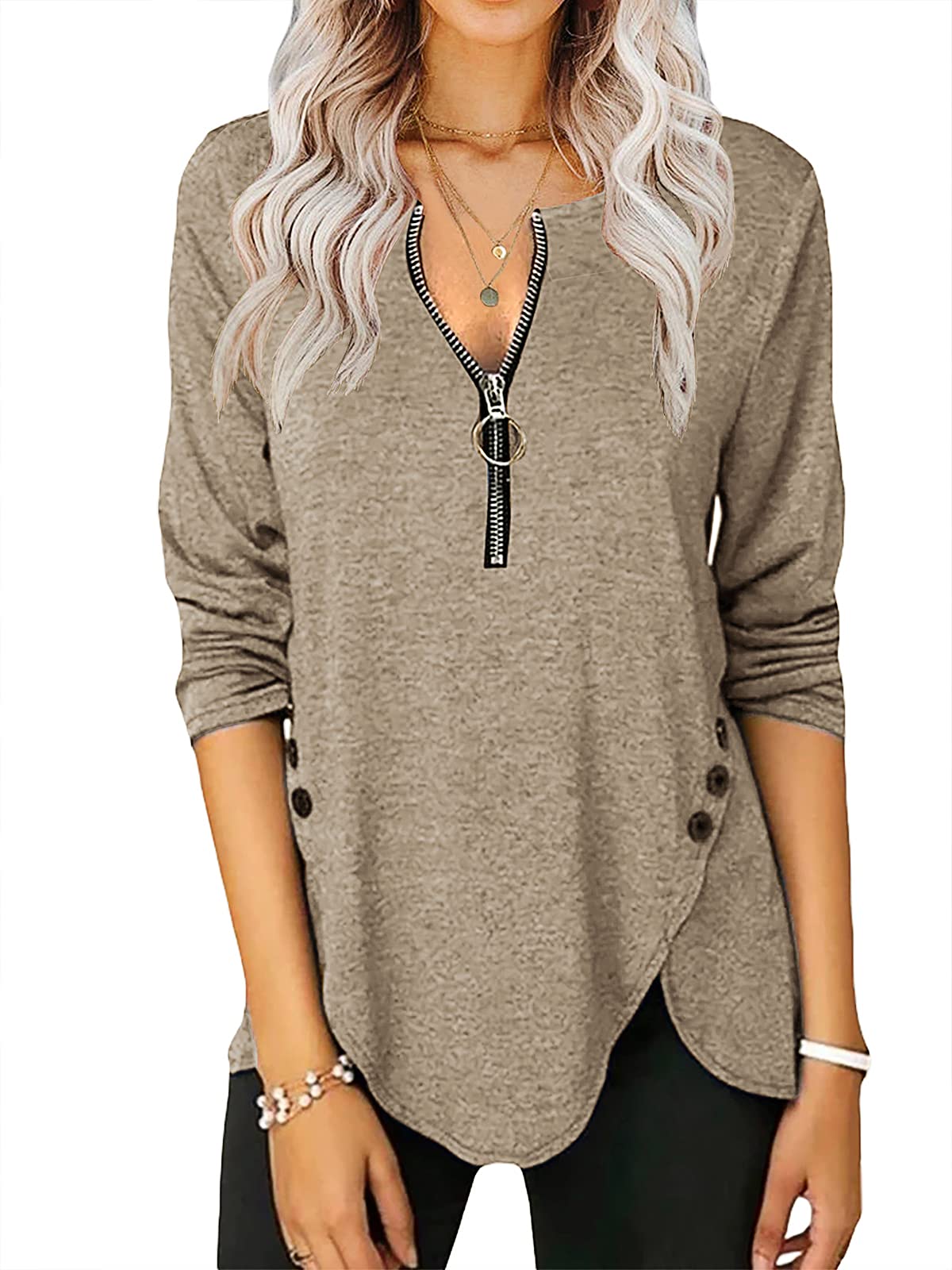 Womens Casual Long Sleeve Tunic Shirts Round Neck Button Side Blouses Tops