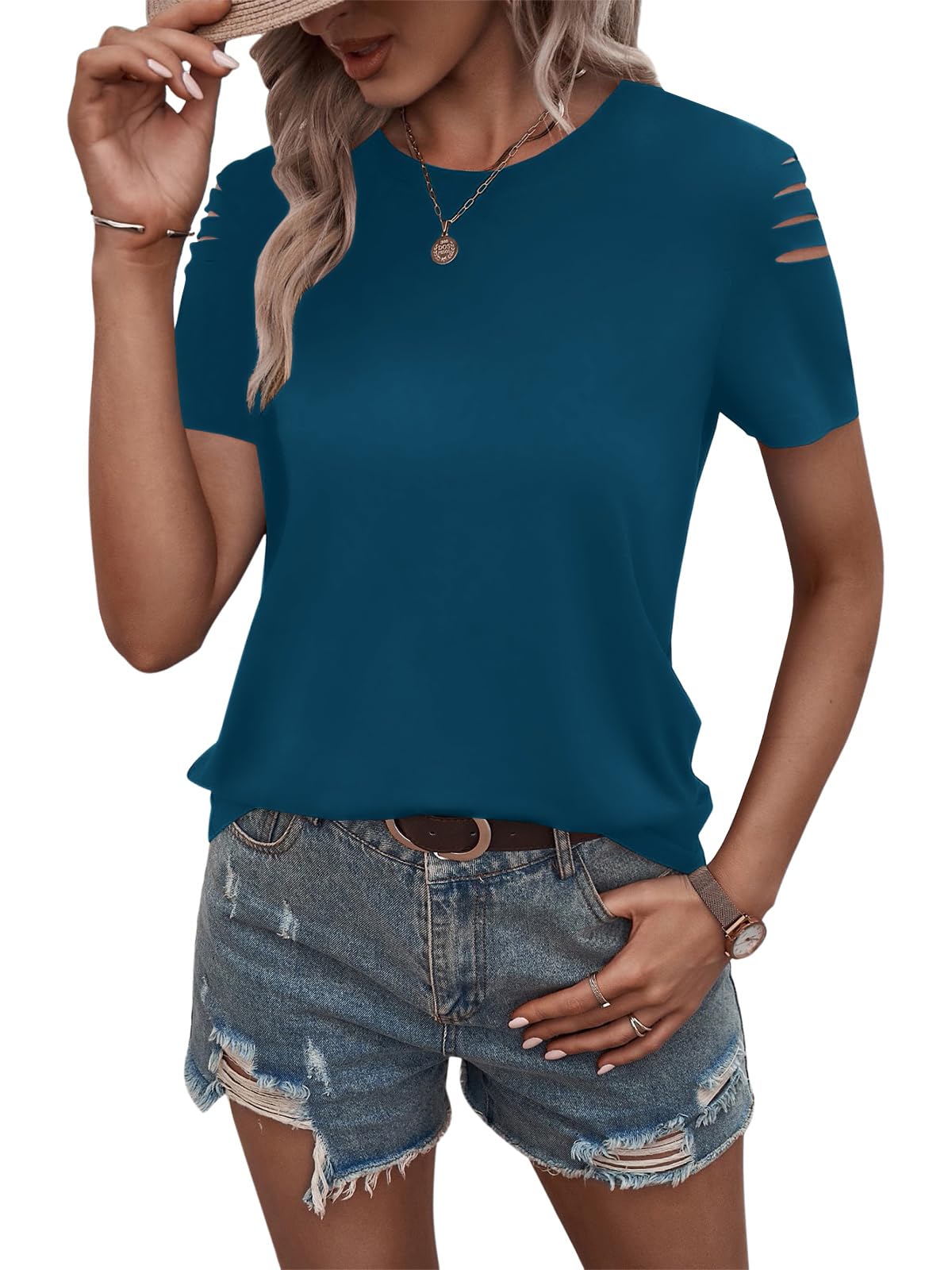 Women's Short Sleeve T Shirts Crew Neck Ripped Cut Out Summer Casual Basic Tees Tops