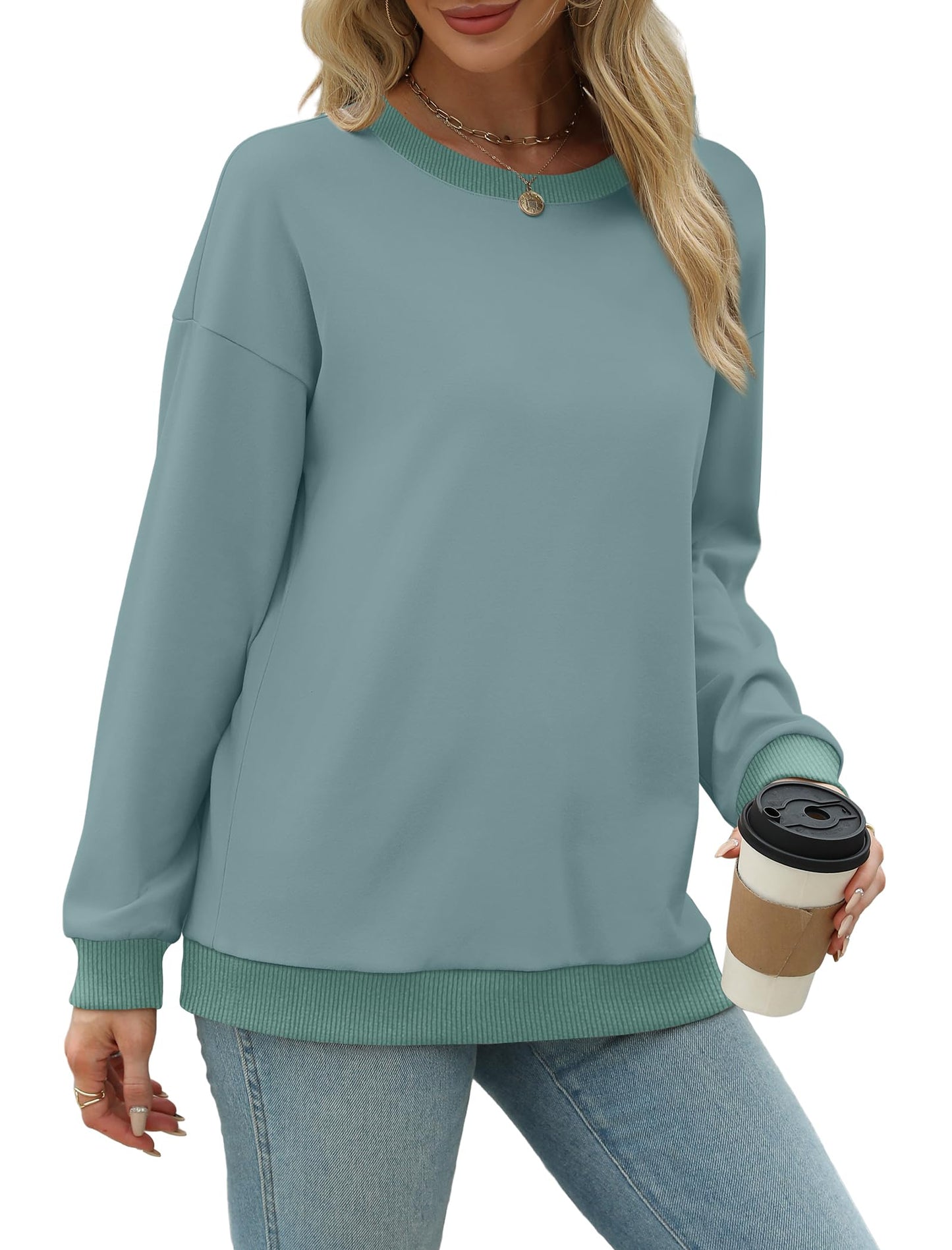 Sweatshirts for Women Crewneck Long Sleeve Loose Fit Tops Color Block Ribbed Trim Fashion