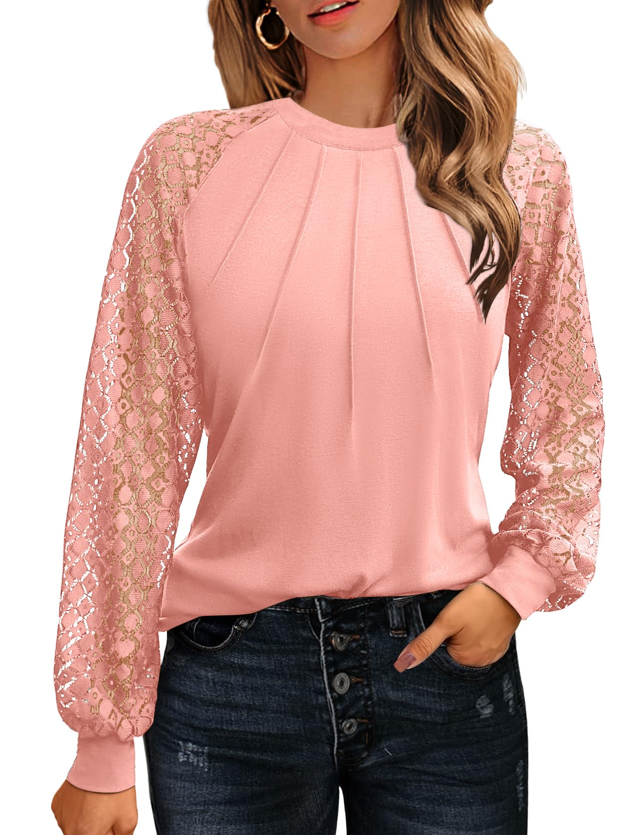 Women's Lace Long Sleeve Tops Dressy Business Casual Blouses Front Pleated Work Shirts