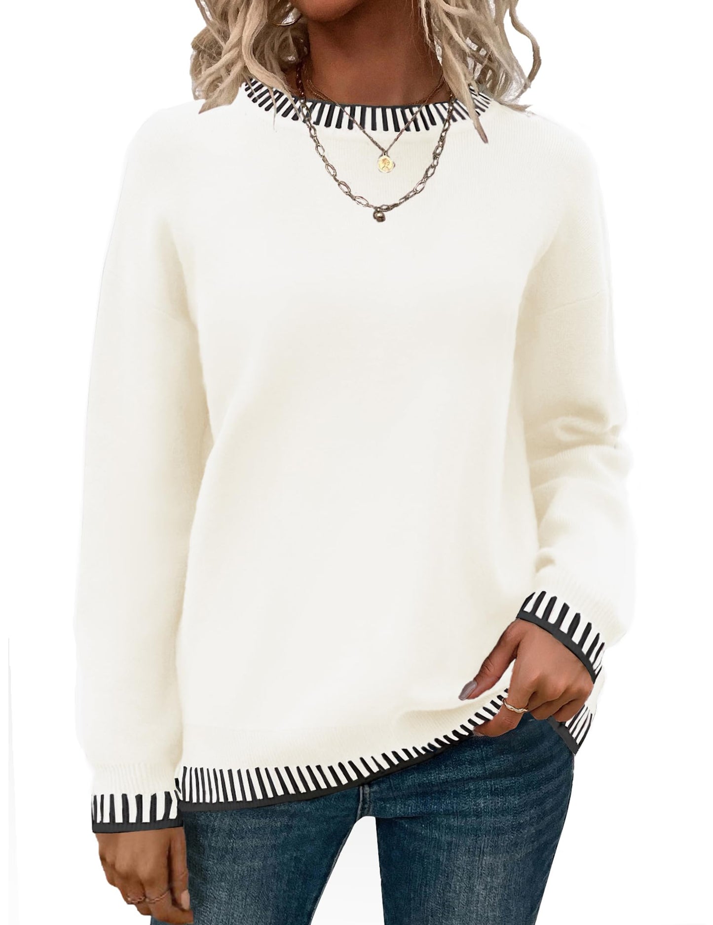 Womens Crewneck Pullover Sweater Long Sleeve Knit Side Slit