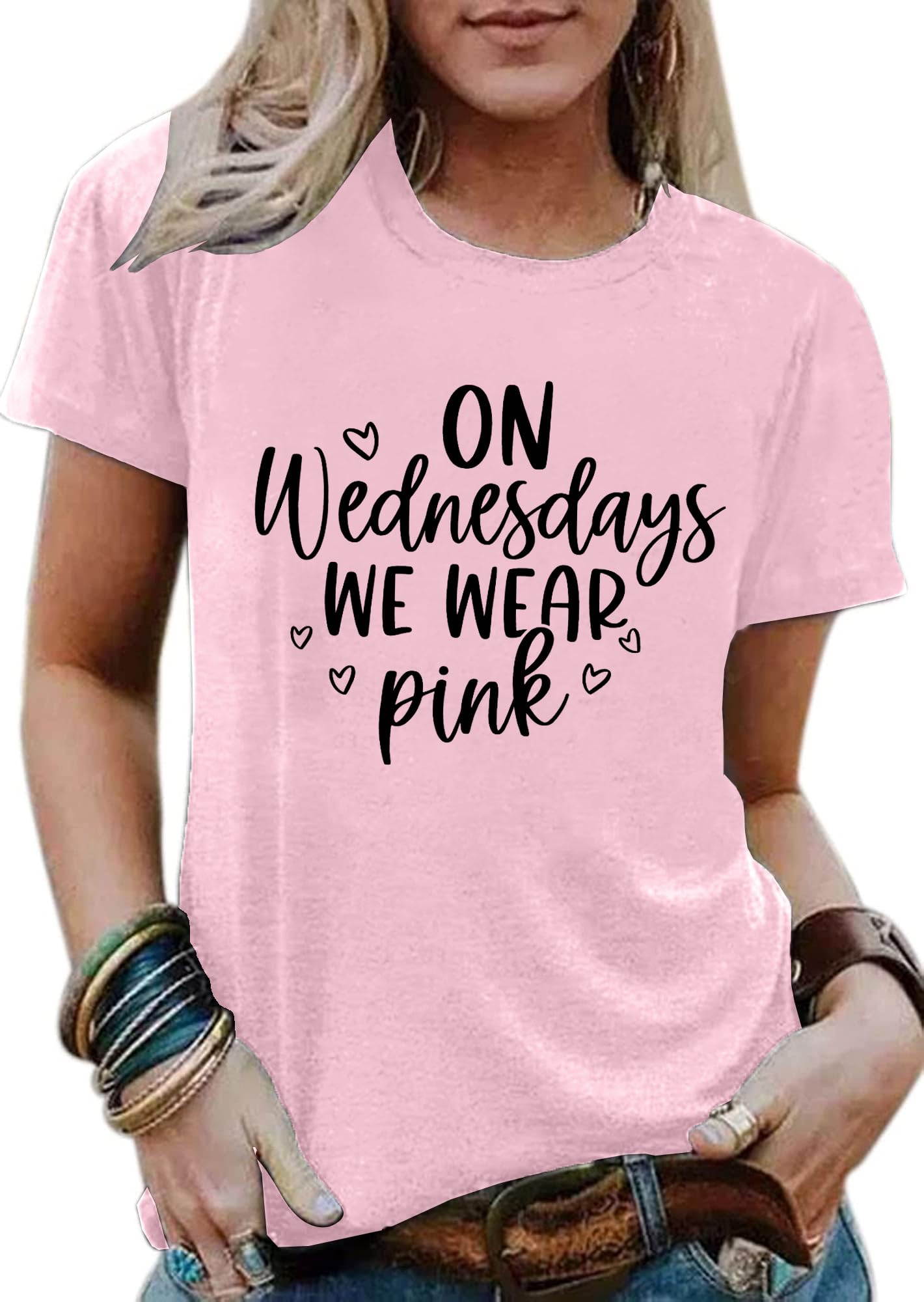 On Wednesday We Wear Pink Shirt Women Breast Cancer T Shirt Short Sleeve Print Tees Gifts for Girls Matching Outfits Top
