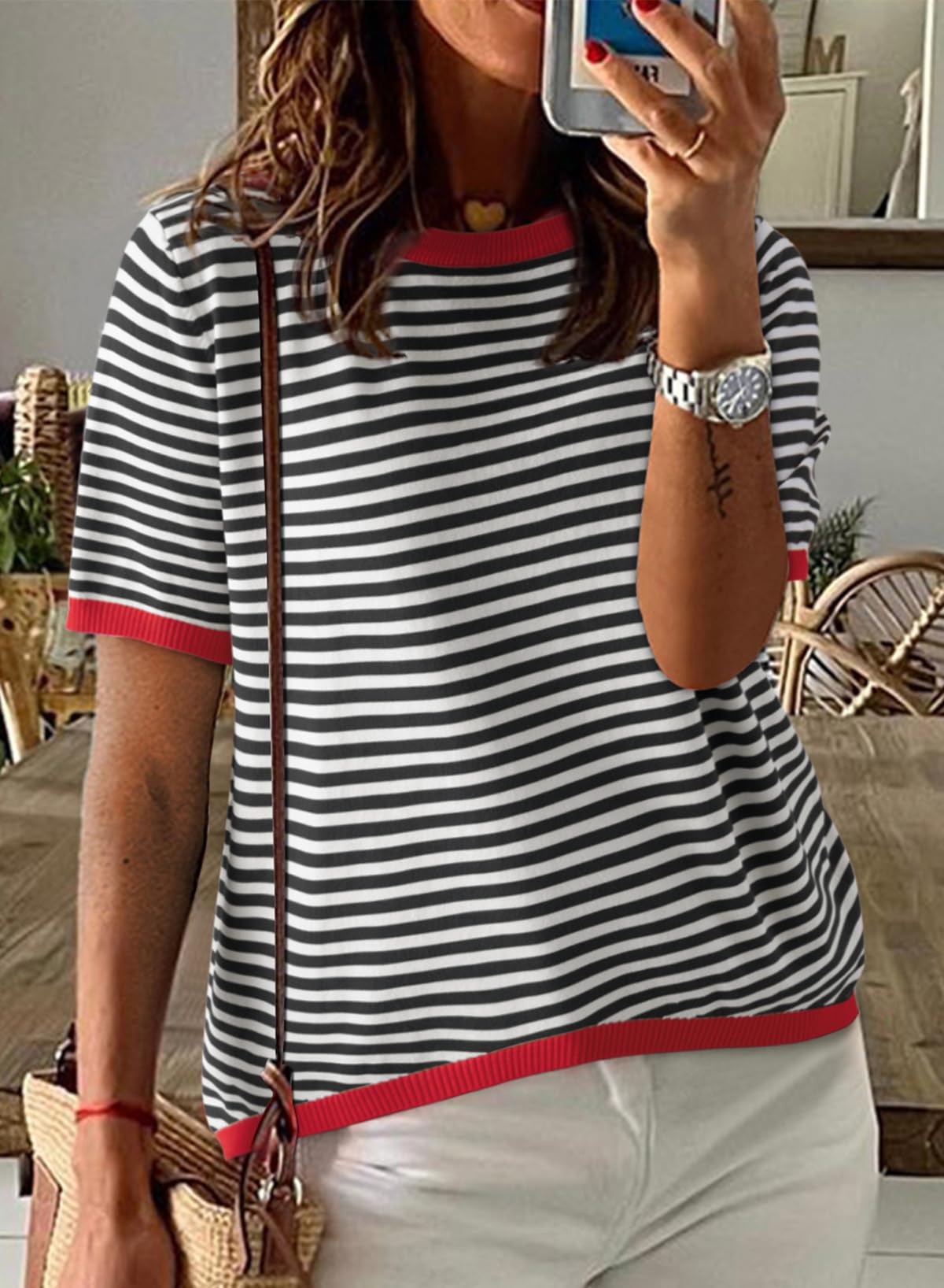 Womens Tops CasualCrewneck Short Sleeve Striped Color Block Knit Trendy Pullover Sweaters