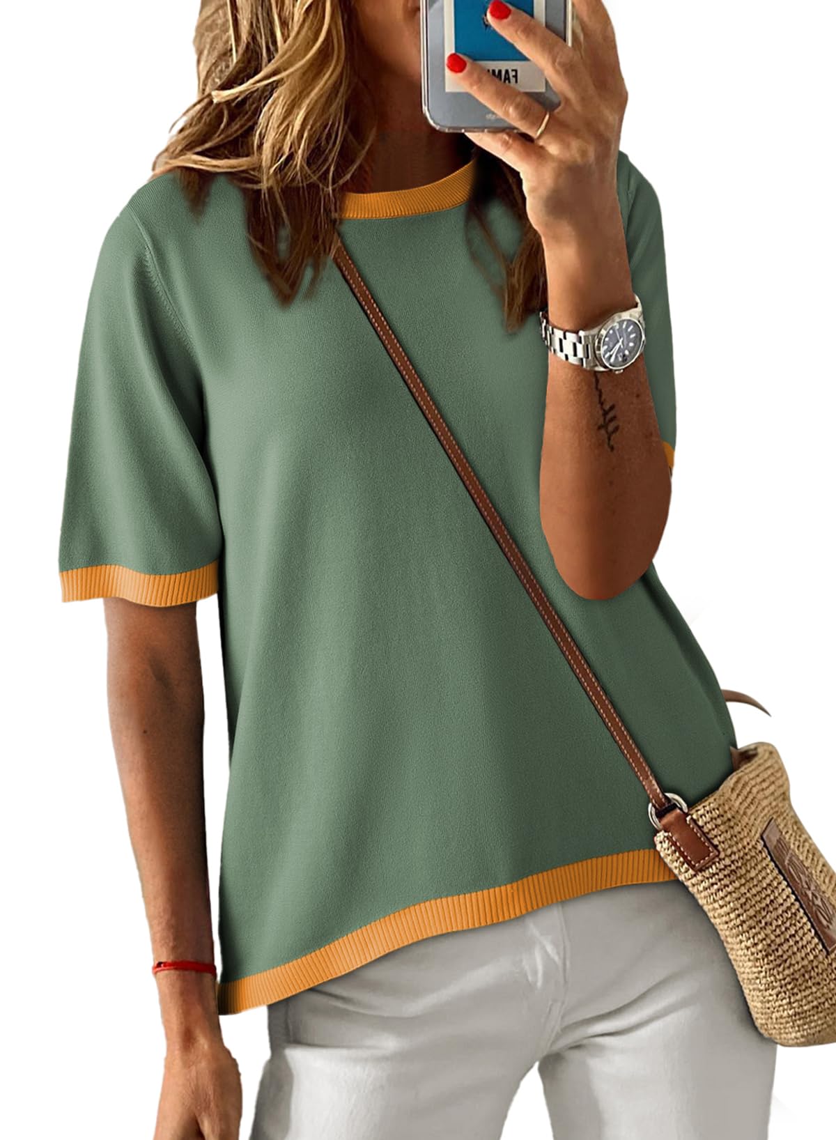Womens Tops CasualCrewneck Short Sleeve Striped Color Block Knit Trendy Pullover Sweaters