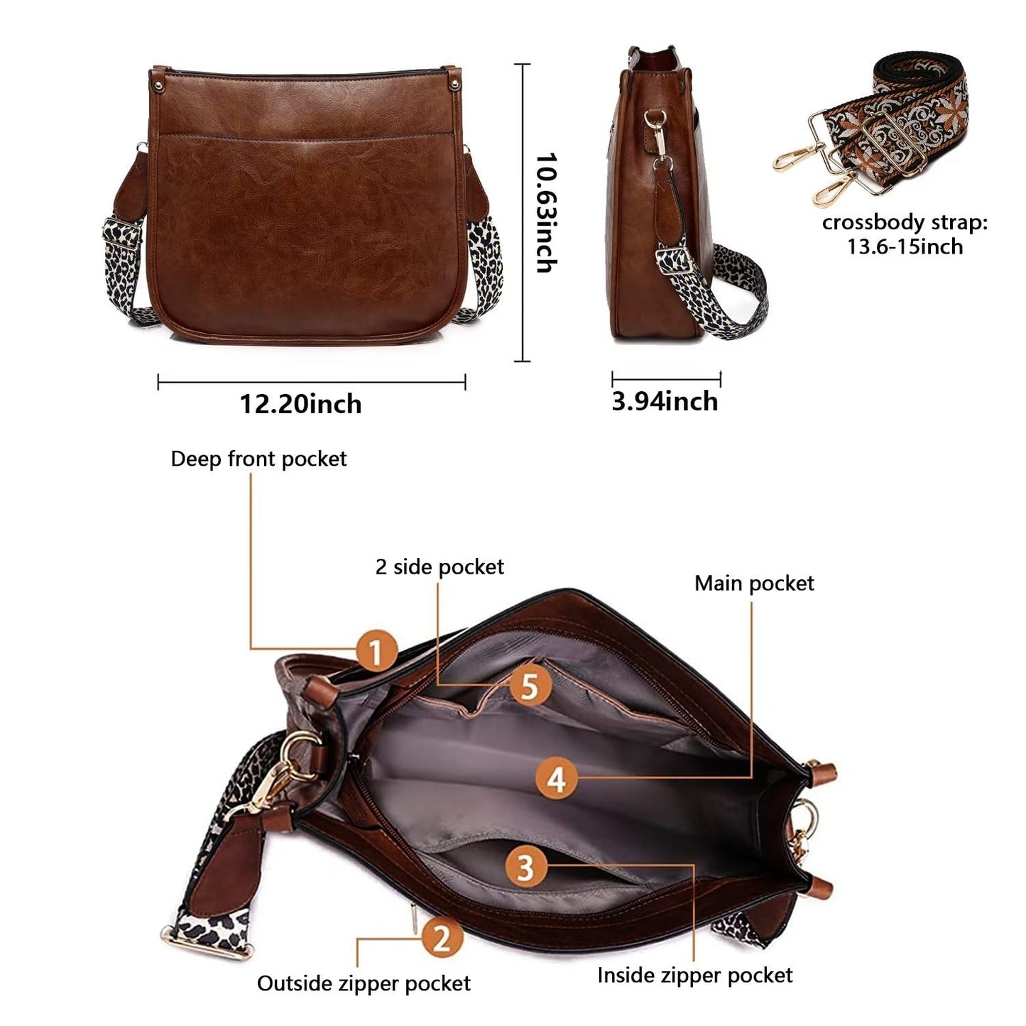 Vegan Leather Crossbody Bags for Women, Crossbody Purse with Guitar Strap Zipped Pockets Handbag