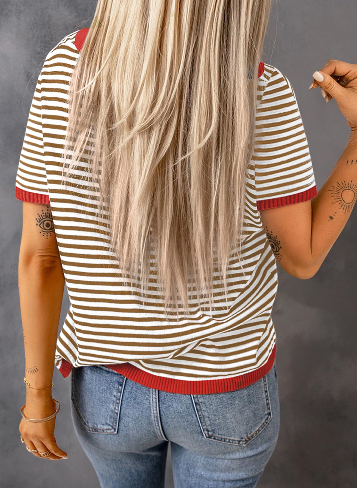 Womens Tops CasualCrewneck Short Sleeve Striped Color Block Knit Trendy Pullover Sweaters