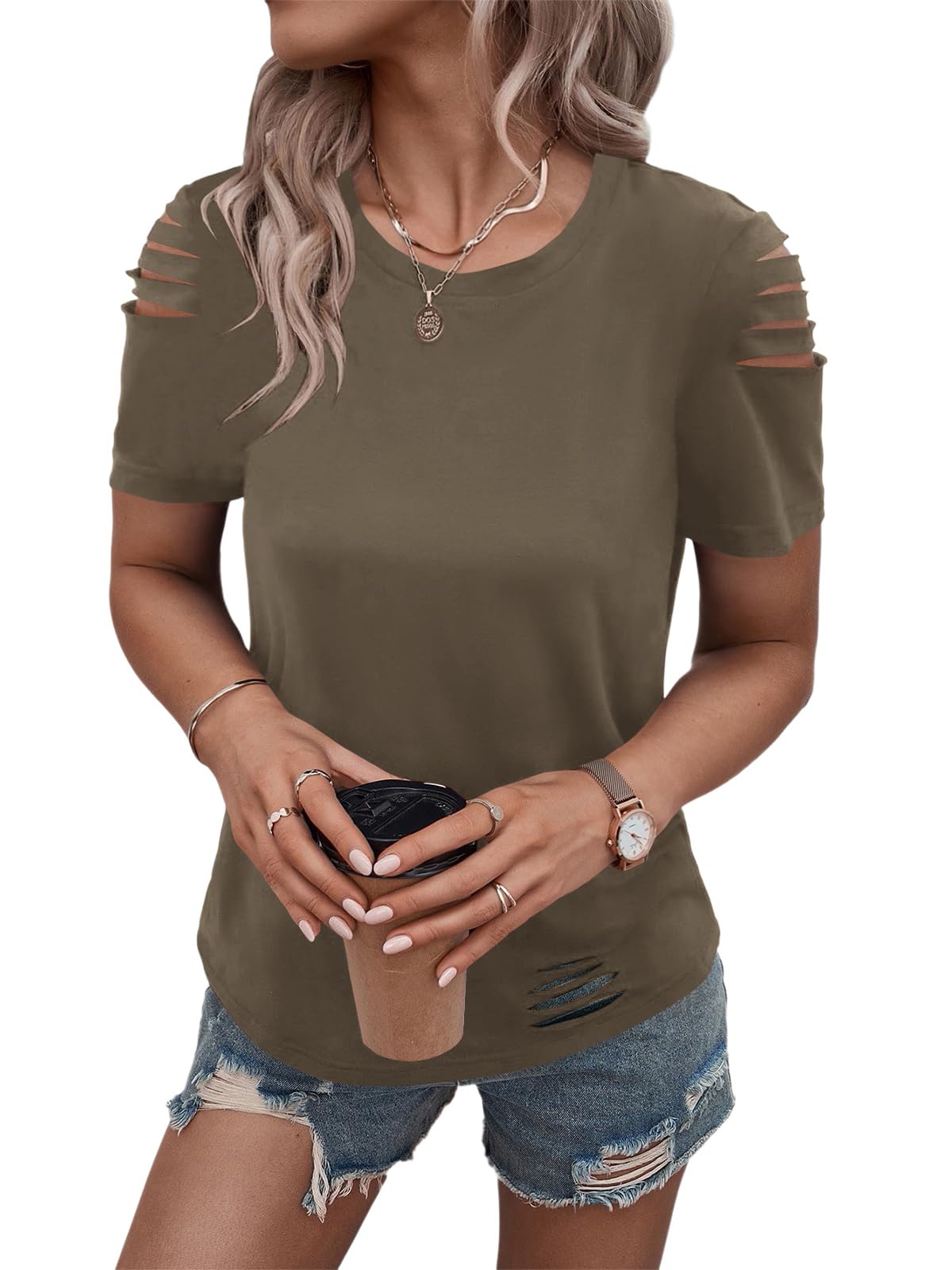 Women's Short Sleeve T Shirts Crew Neck Ripped Cut Out Summer Casual Basic Tees Tops