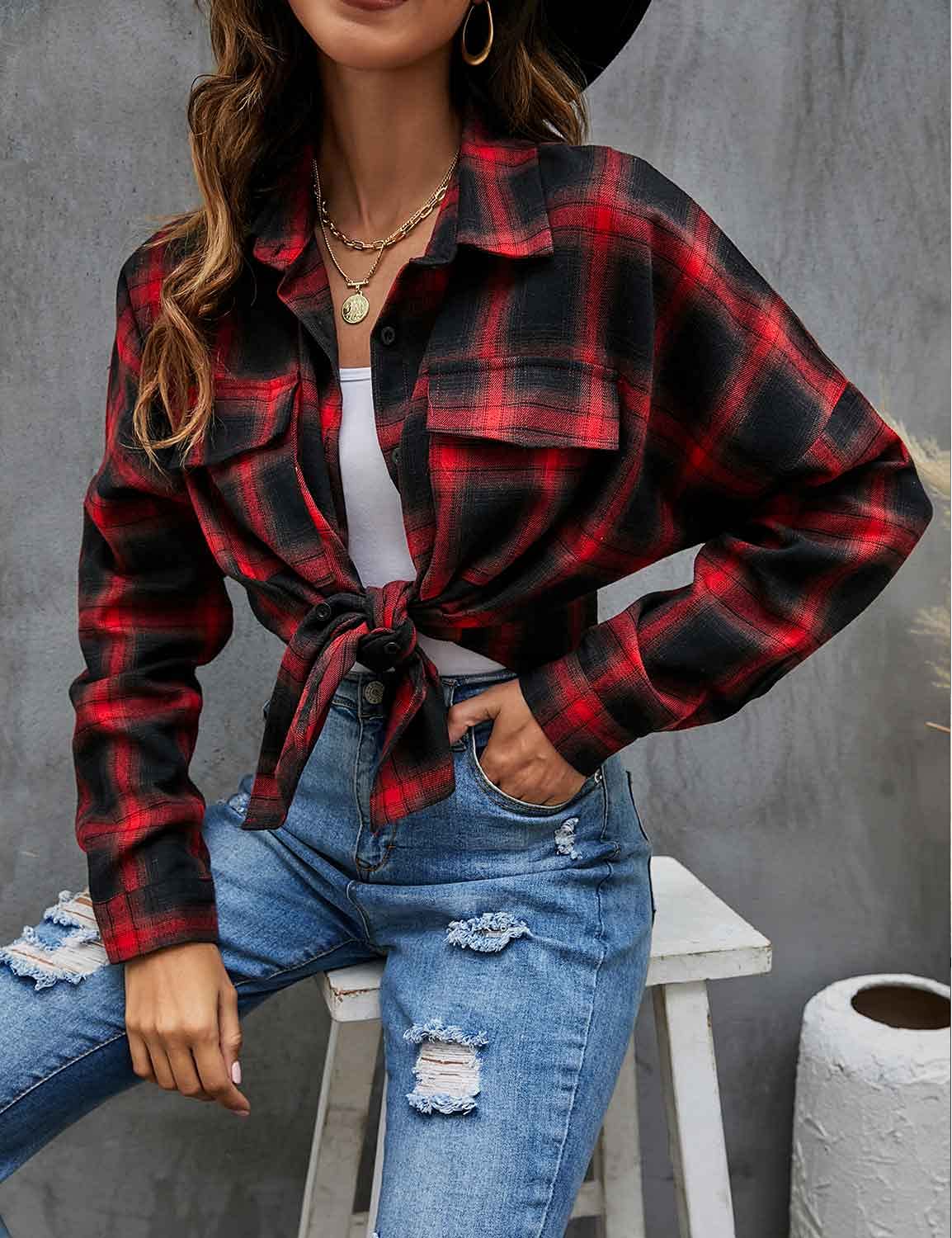 Women's Button Down Flannel Shirts Plaid Shacket Long Sleeve Collared Business Casual Tops Work Blouses