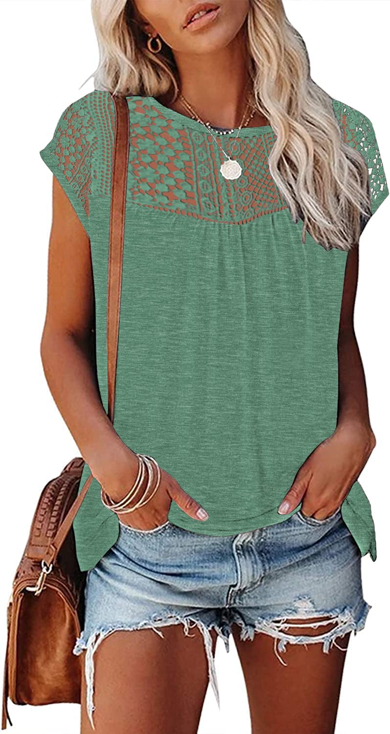Womens Cap Sleeve Tops 2024 Trendy Floral Print Summer Tops Loose Fit Lace T Shirts Blouses