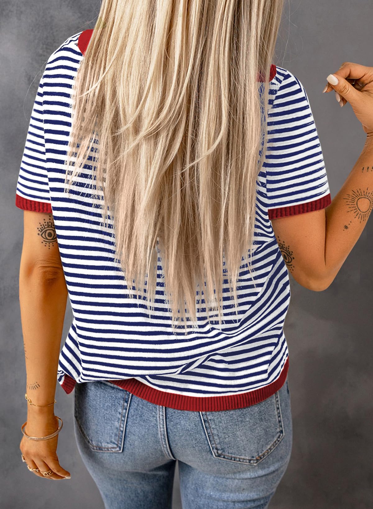 Womens Tops CasualCrewneck Short Sleeve Striped Color Block Knit Trendy Pullover Sweaters