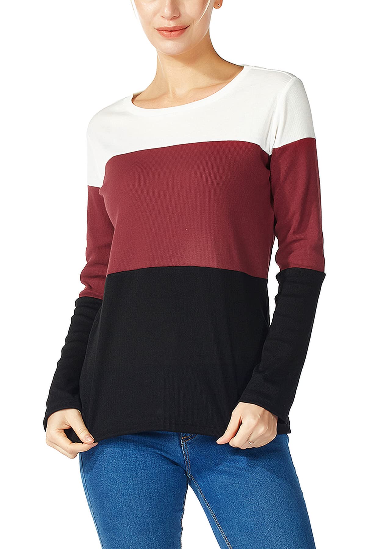 Womens Color Block Loose Long/Short Sleeve T Shirts Casual Comfy Tops
