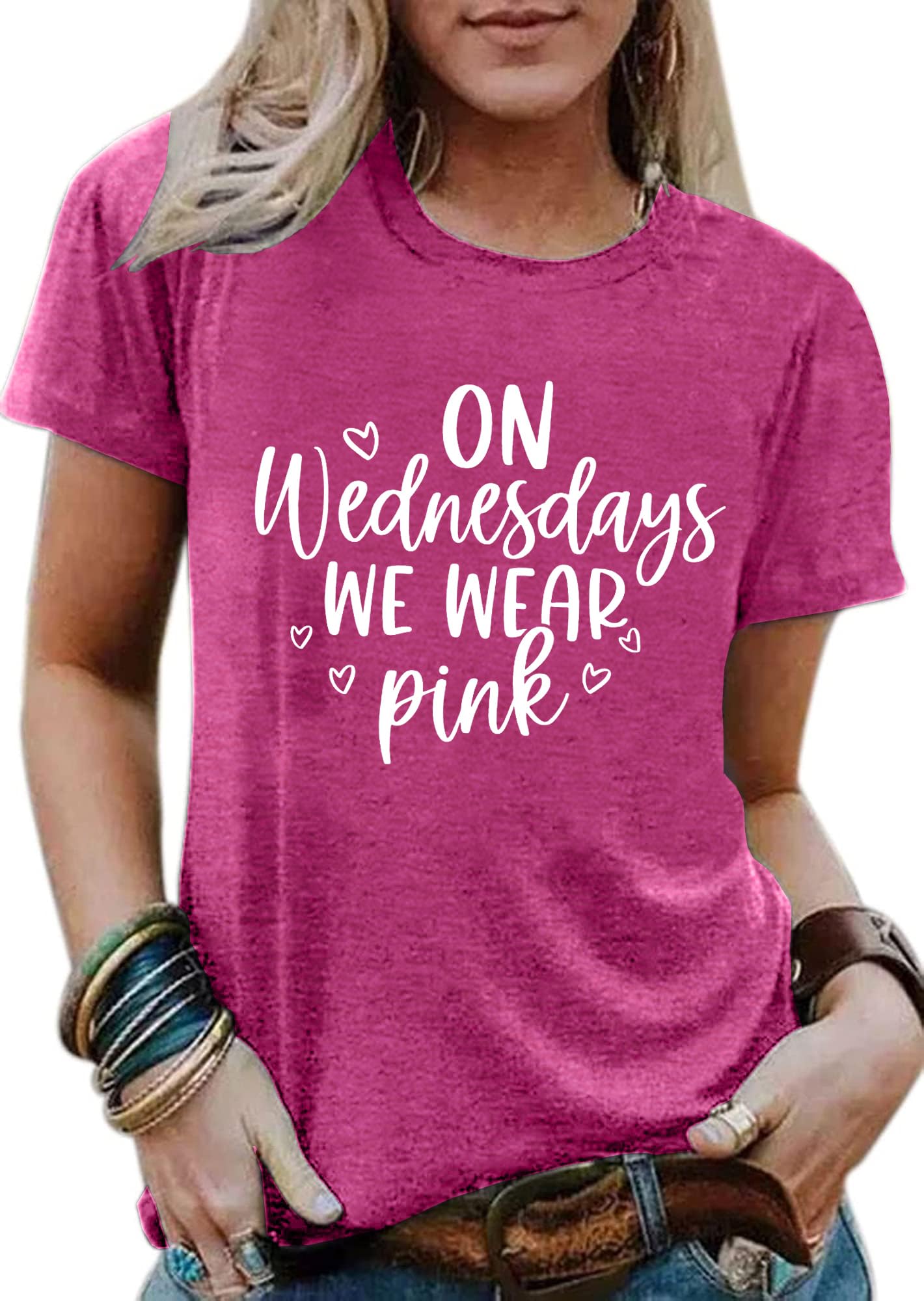 On Wednesday We Wear Pink Shirt Women Breast Cancer T Shirt Short Sleeve Print Tees Gifts for Girls Matching Outfits Top