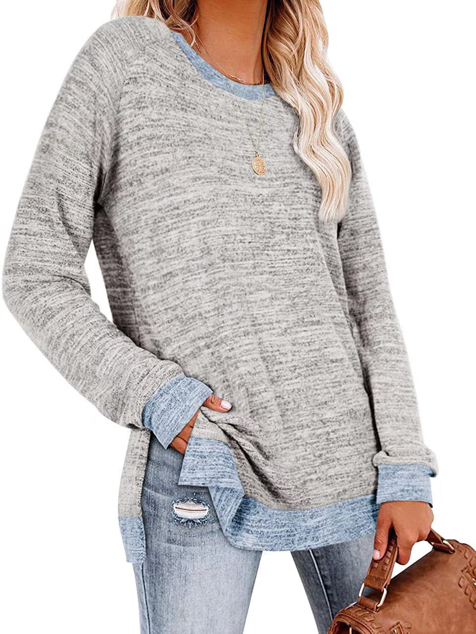 Womens Crewneck Pullovers Color Block Long Sleeve Side Split Tunic Tops