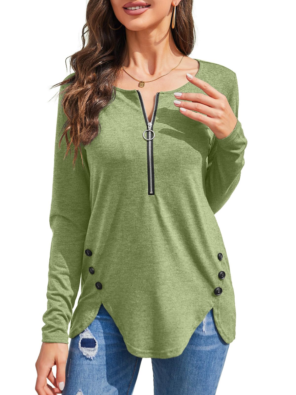 Womens Casual Long Sleeve Tunic Shirts Round Neck Button Side Blouses Tops