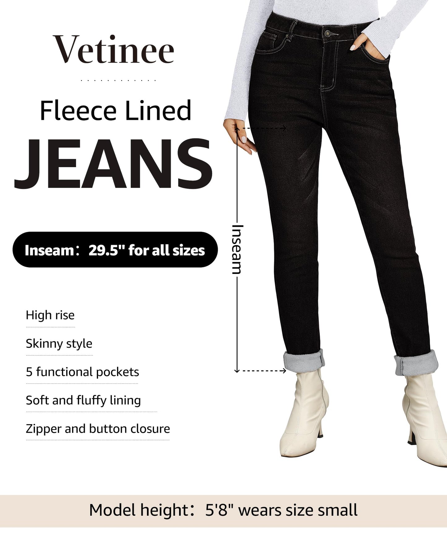 Vetinee Fleece Lined Jeans for Women High Waisted Skinny Winter Warm Slim Fit Thermal Jean Pants Stretchy Denim Jeggings