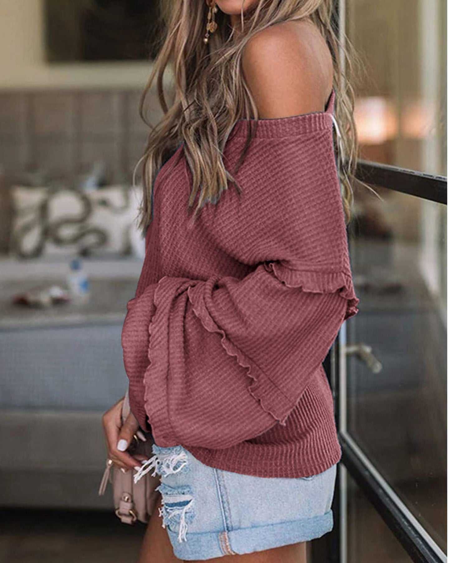 Women’s V Neck Long Sleeve Blouse Loose Fit Tunics Ruffles Off Shoulder Waffle Knit Solid Color Tops