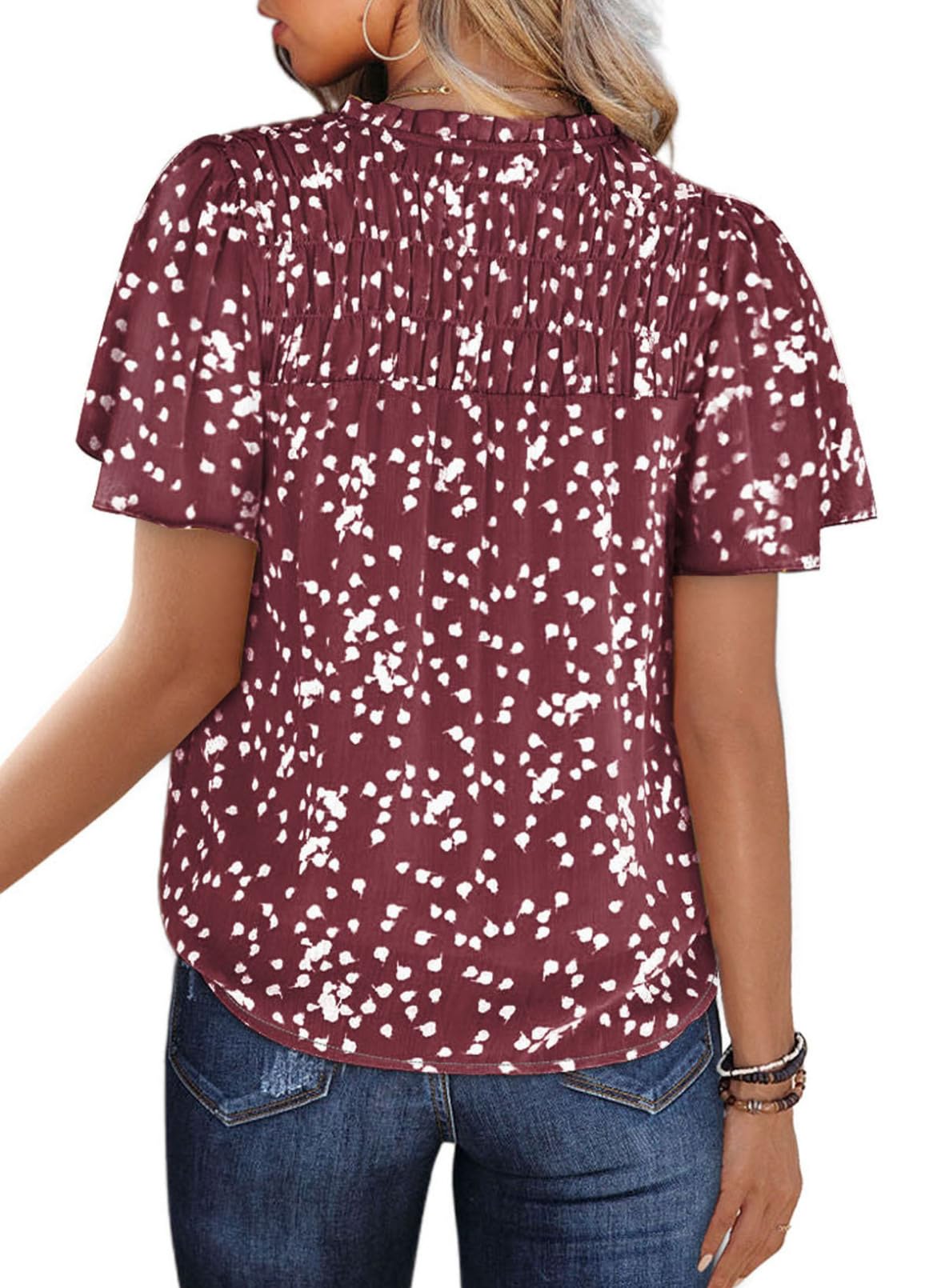 Women's Casual V Neck Floral Print Smocked Short Sleeve Chiffon Blouses Bohemian Top Shirts