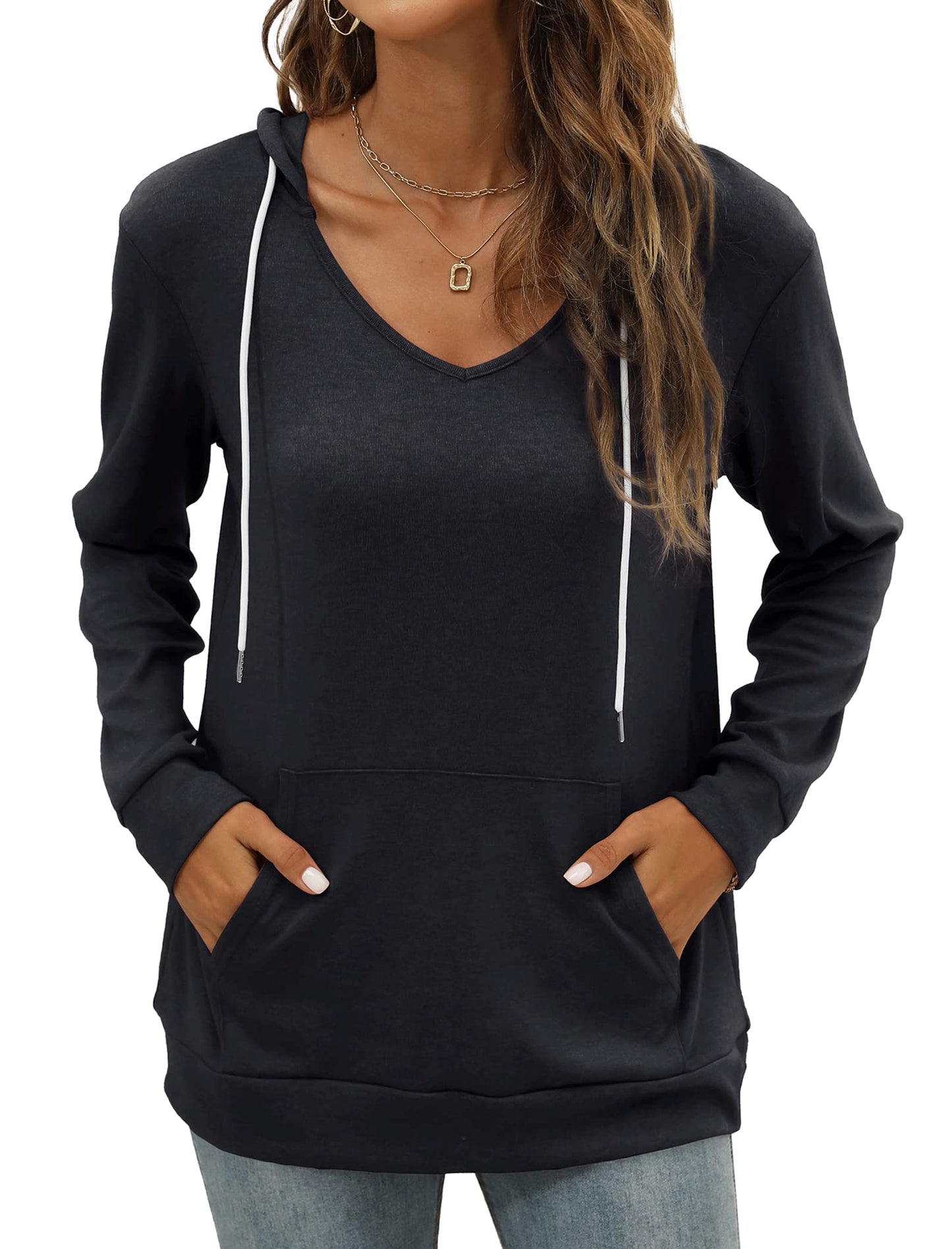 Pocket Hoodies for Womens V Neck Lightweight Sweatshirts Long Sleeve Tops