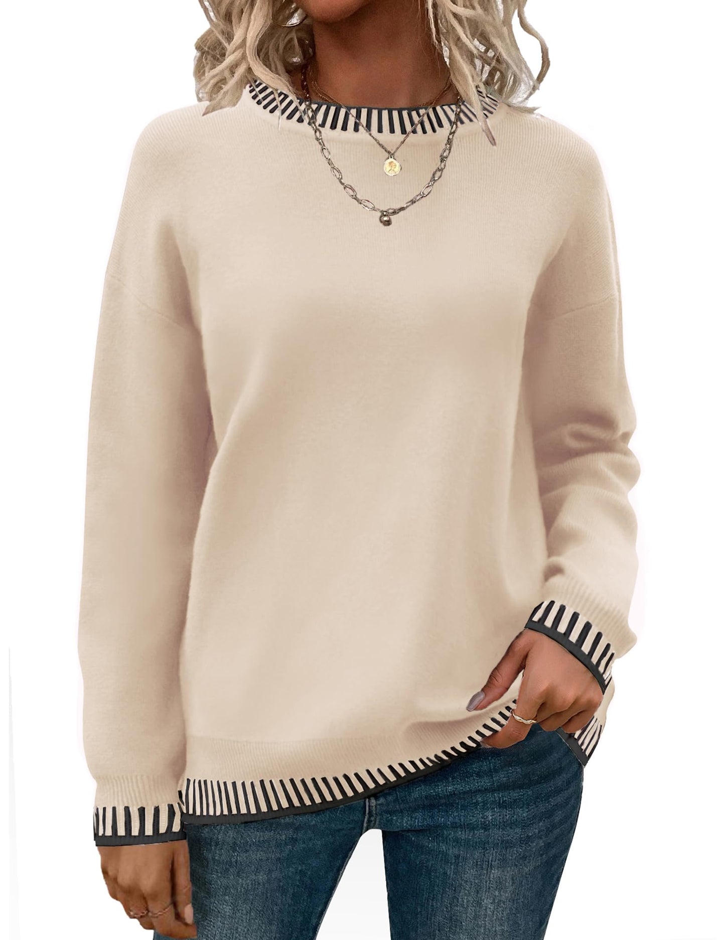 Womens Crewneck Pullover Sweater Long Sleeve Knit Side Slit
