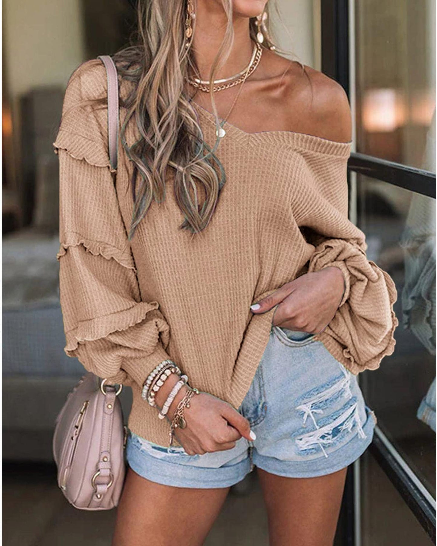 Women’s V Neck Long Sleeve Blouse Loose Fit Tunics Ruffles Off Shoulder Waffle Knit Solid Color Tops