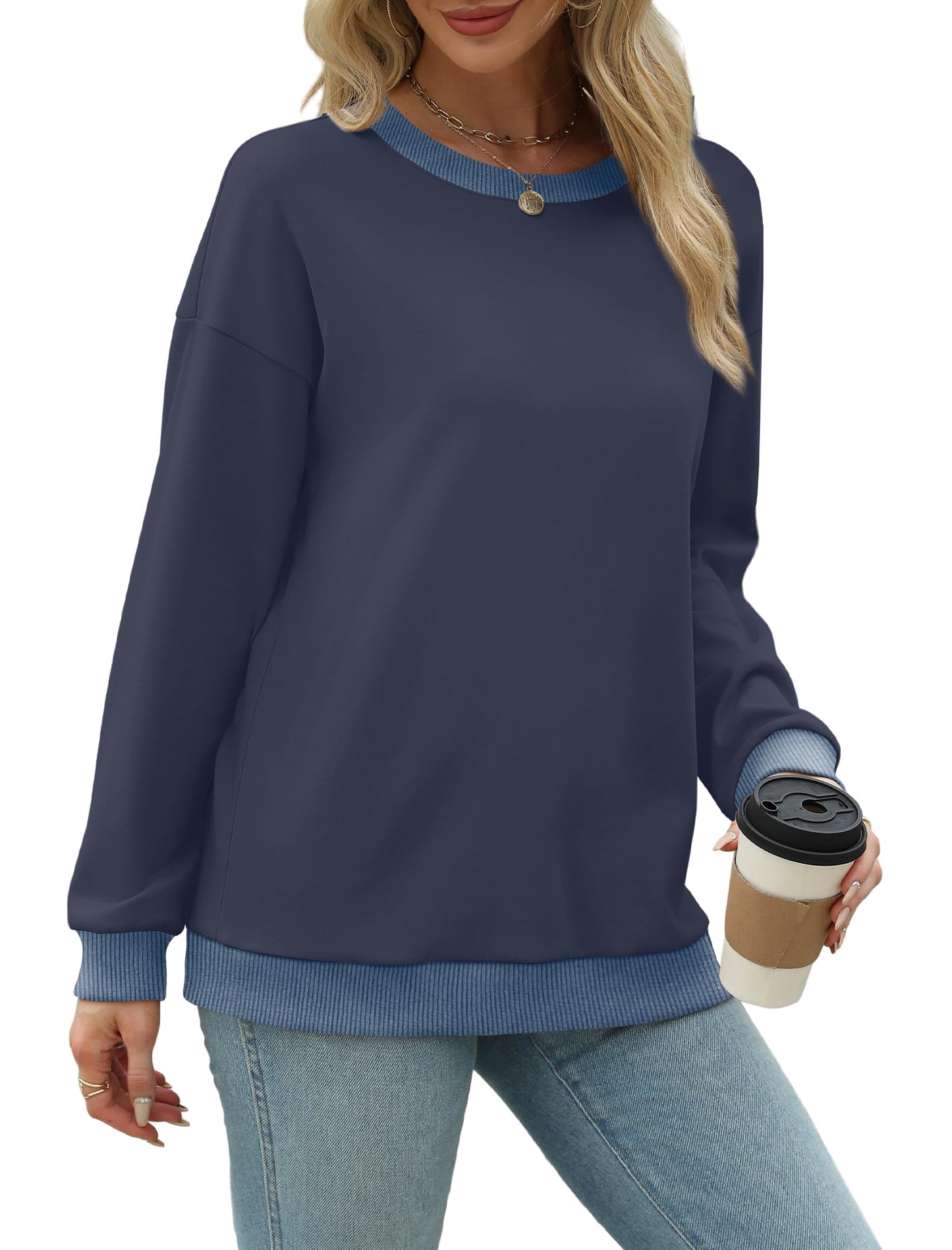Sweatshirts for Women Crewneck Long Sleeve Loose Fit Tops Color Block Ribbed Trim Fashion
