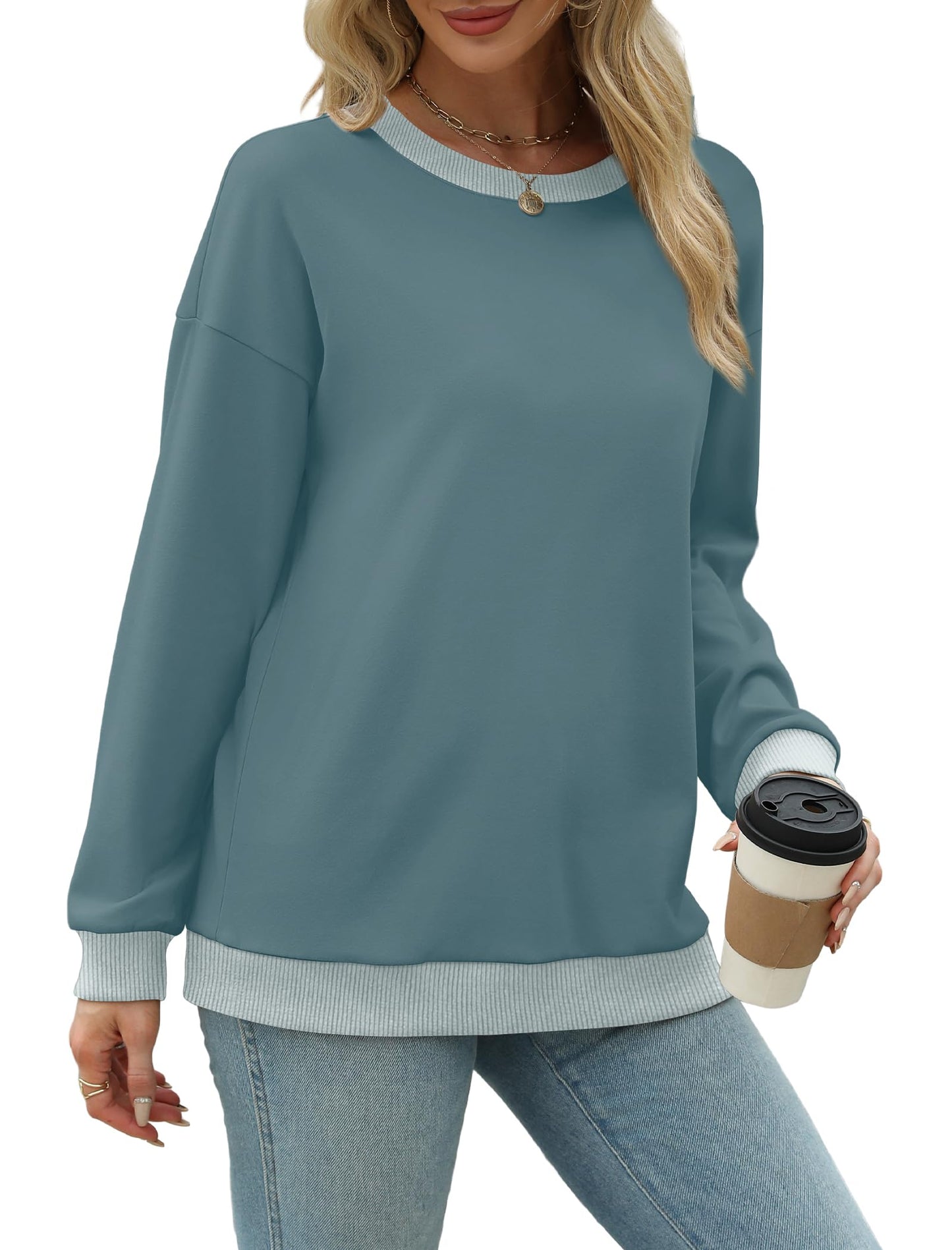 Sweatshirts for Women Crewneck Long Sleeve Loose Fit Tops Color Block Ribbed Trim Fashion