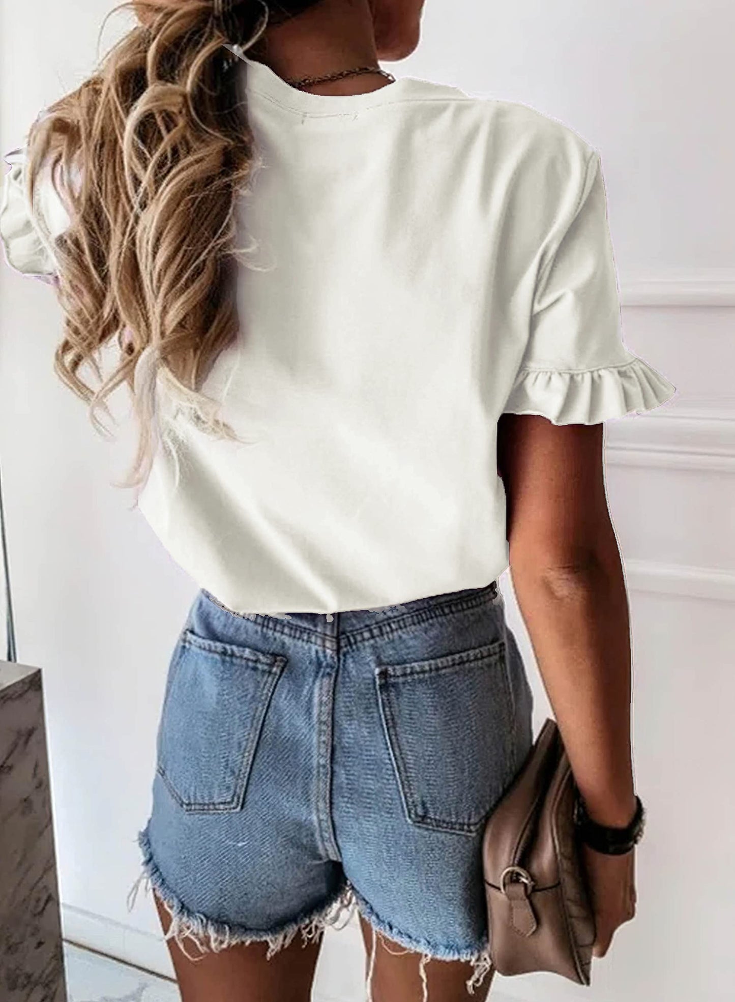 Women's Short Sleeve Casual T Shirts Summer Ruffle Plain Round Neck Loose Fit Tee Blouse Tops