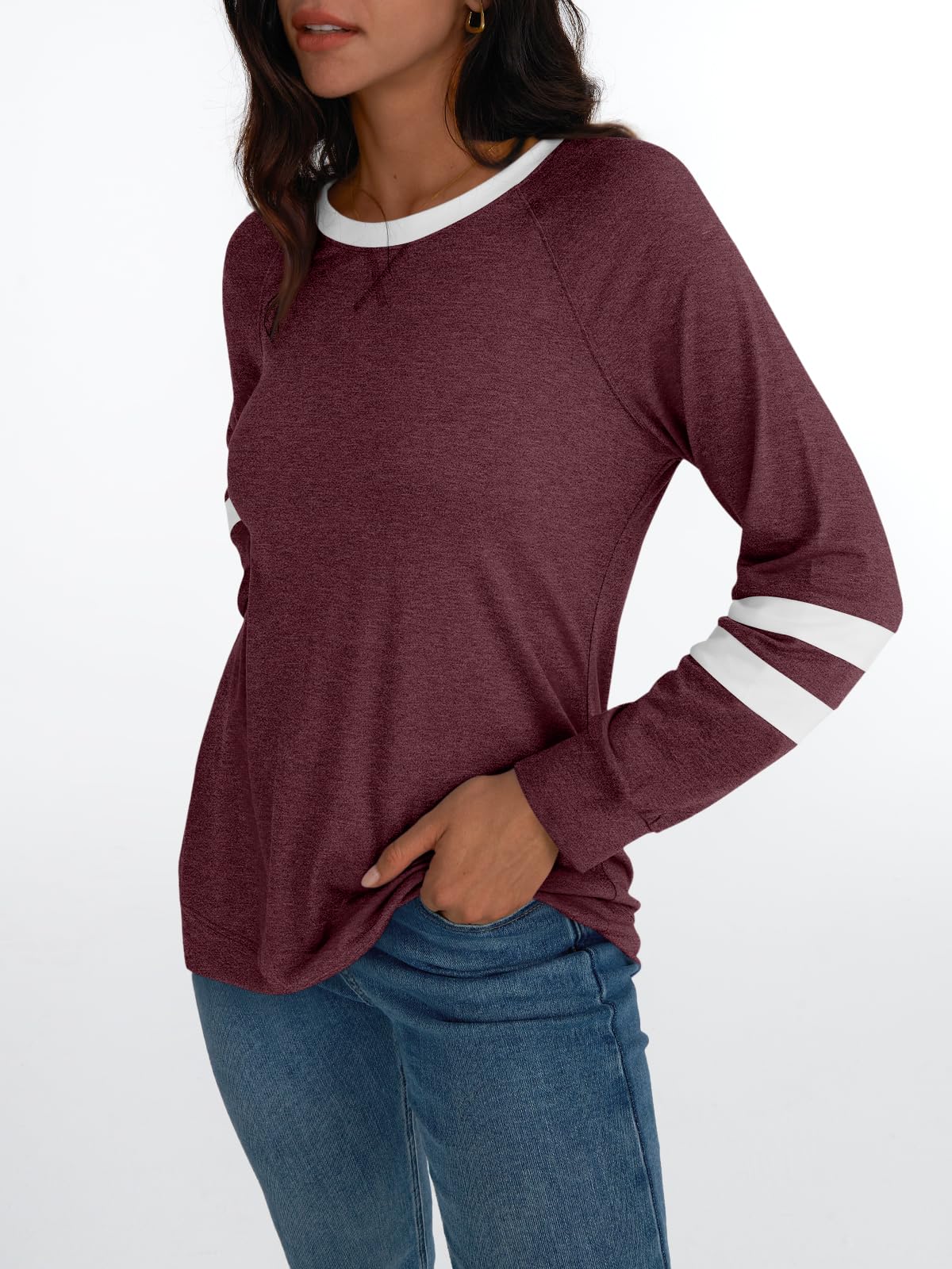 Womens Long Sleeve Shirts Color Block Casual Crewneck Tops Tshirt Basic Tees Fashion Clothes Trendy Outfits