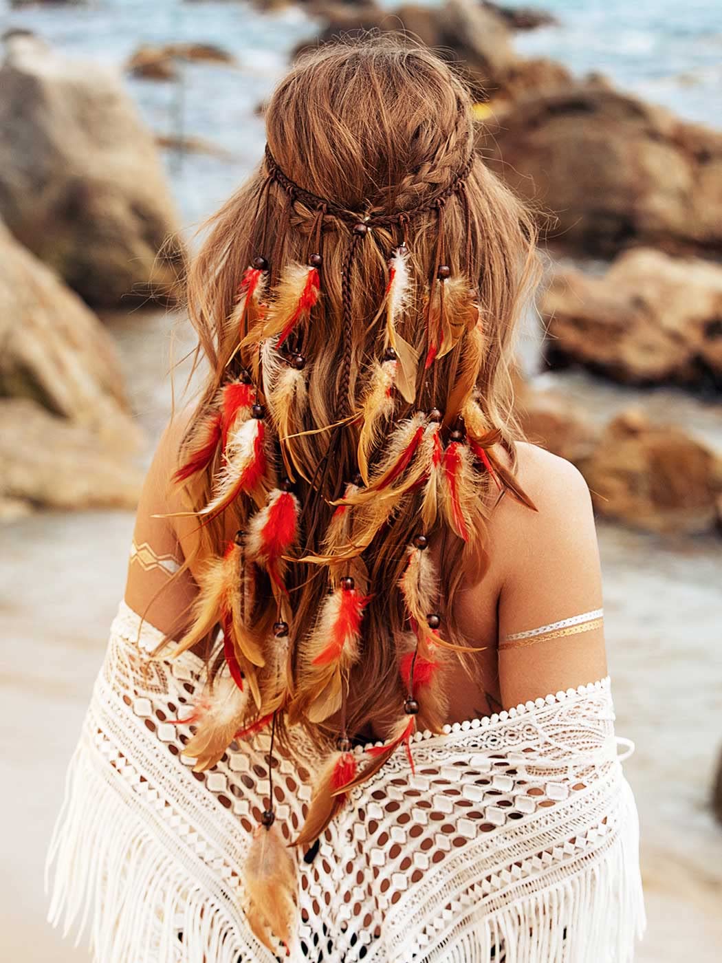 GORTIN Boho Feather Headband Gypsy Headpiece Headdress Bohemian Hippie Headbands Indian Festival Hair Band Adjust Long Feather Hair Accessories for Women and Girls (Black+Green)