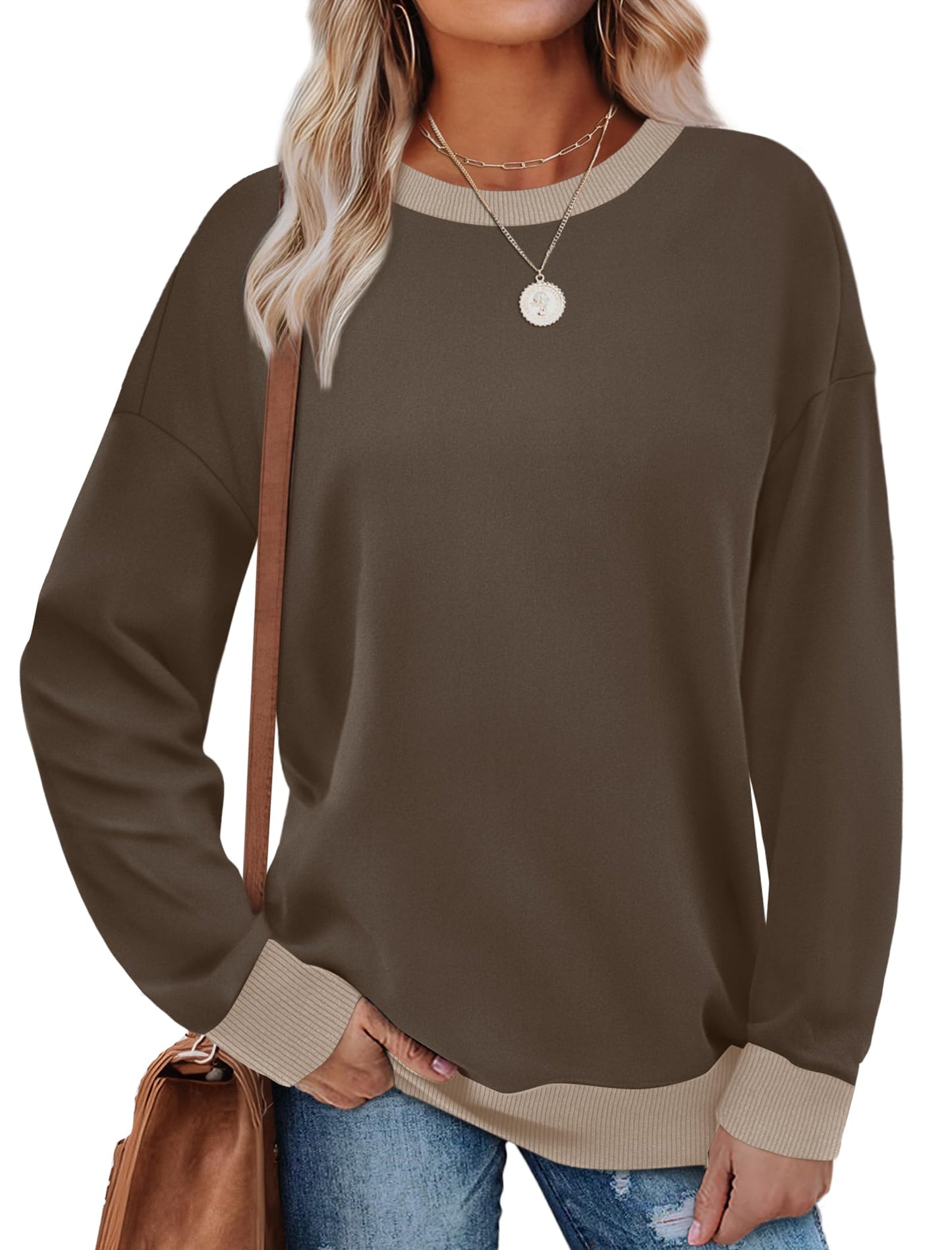 Sweatshirts for Women Crewneck Long Sleeve Loose Fit Tops Color Block Ribbed Trim Fashion