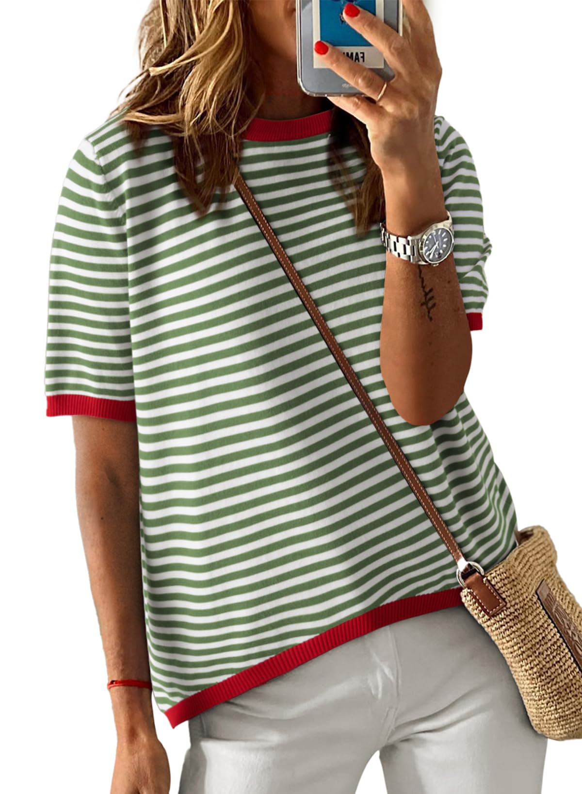 Womens Tops CasualCrewneck Short Sleeve Striped Color Block Knit Trendy Pullover Sweaters
