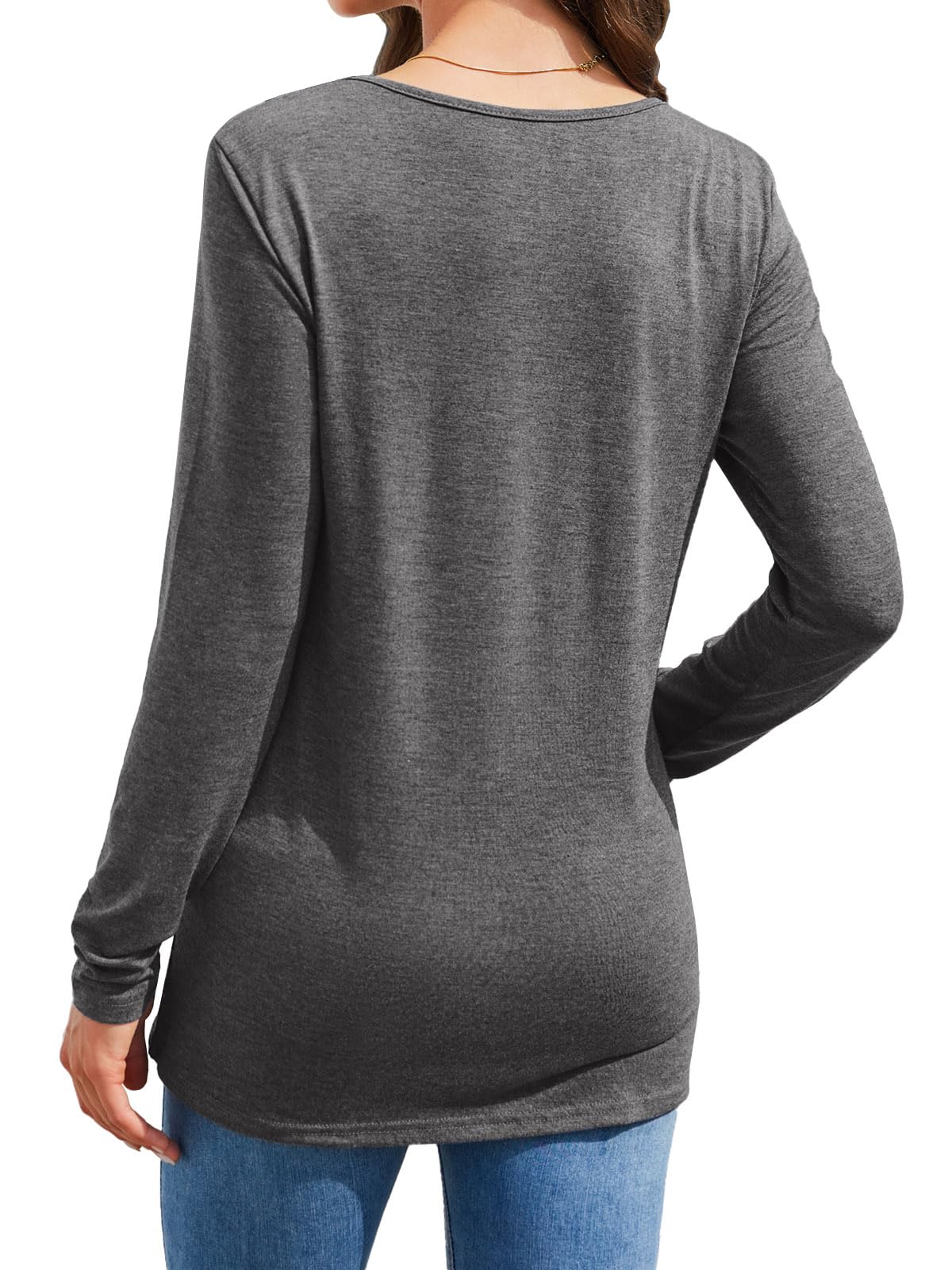 Womens Casual Long Sleeve Tunic Shirts Round Neck Button Side Blouses Tops