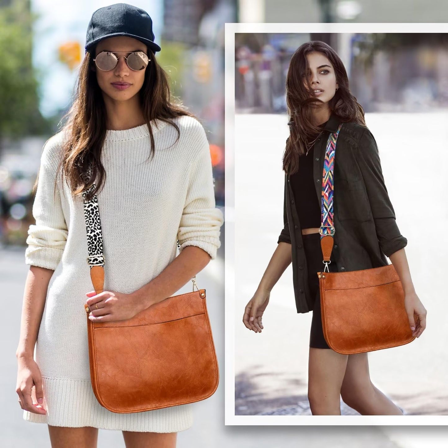 Vegan Leather Crossbody Bags for Women, Crossbody Purse with Guitar Strap Zipped Pockets Handbag