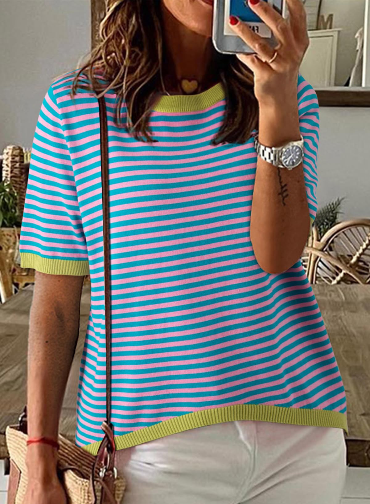 Womens Tops CasualCrewneck Short Sleeve Striped Color Block Knit Trendy Pullover Sweaters