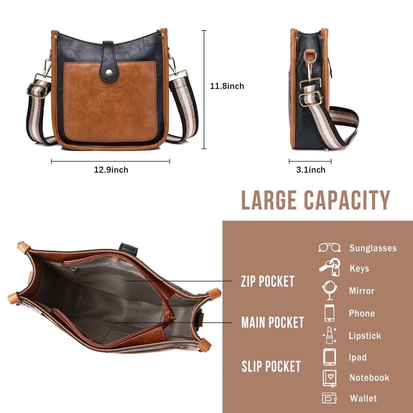 Vegan Leather Crossbody Bags for Women, Crossbody Purse with Guitar Strap Zipped Pockets Handbag