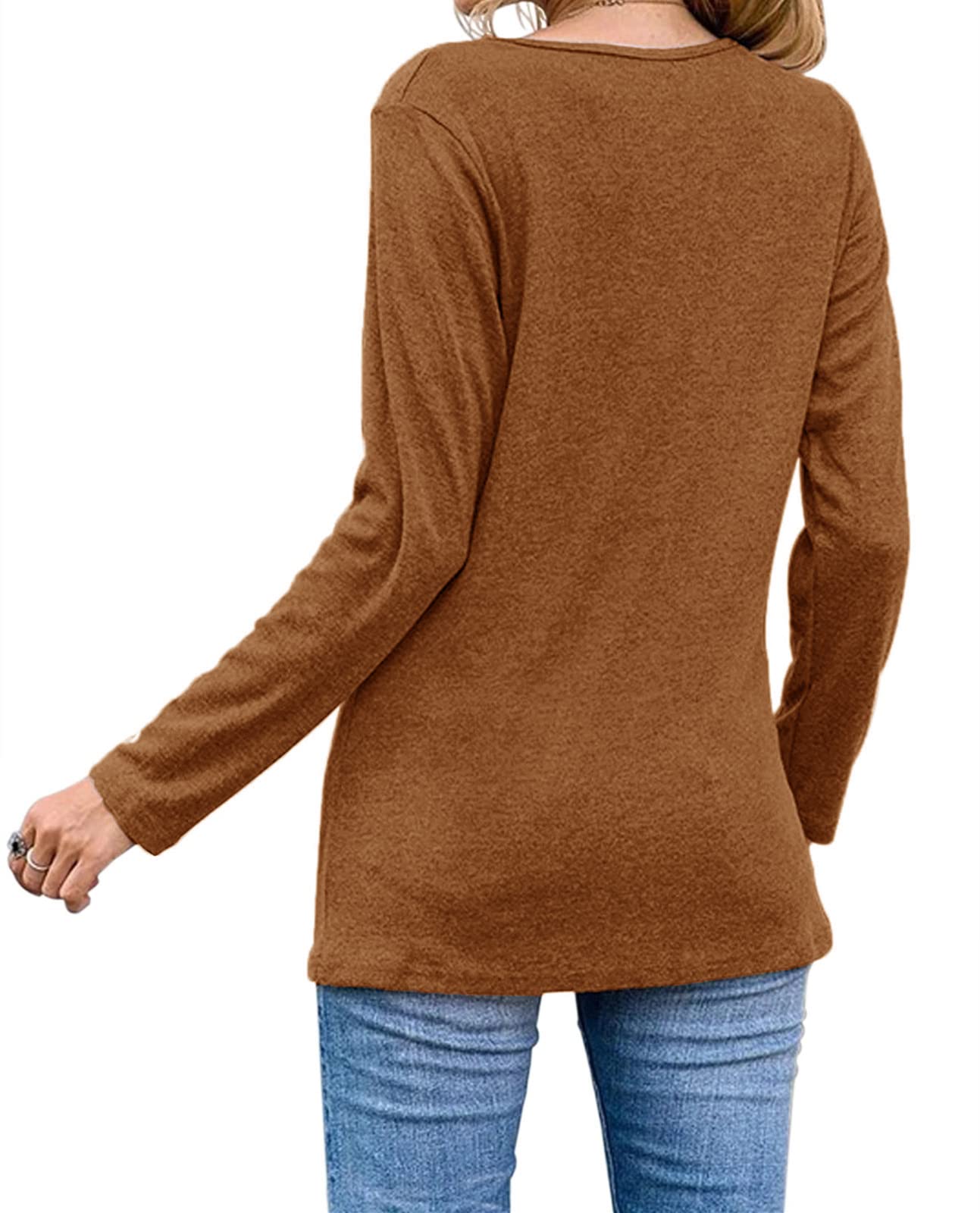 Womens Casual Long Sleeve Tunic Shirts Round Neck Button Side Blouses Tops