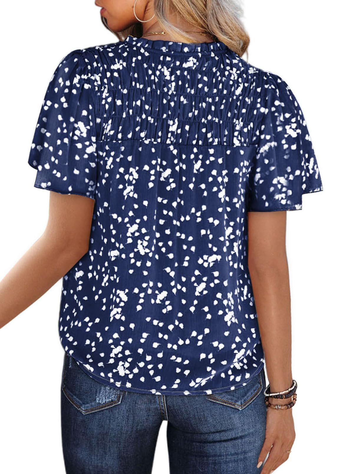 Women's Casual V Neck Floral Print Smocked Short Sleeve Chiffon Blouses Bohemian Top Shirts