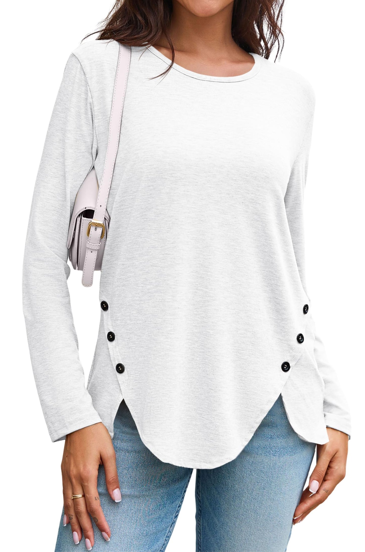 Womens Casual Long Sleeve Tunic Shirts Round Neck Button Side Blouses Tops